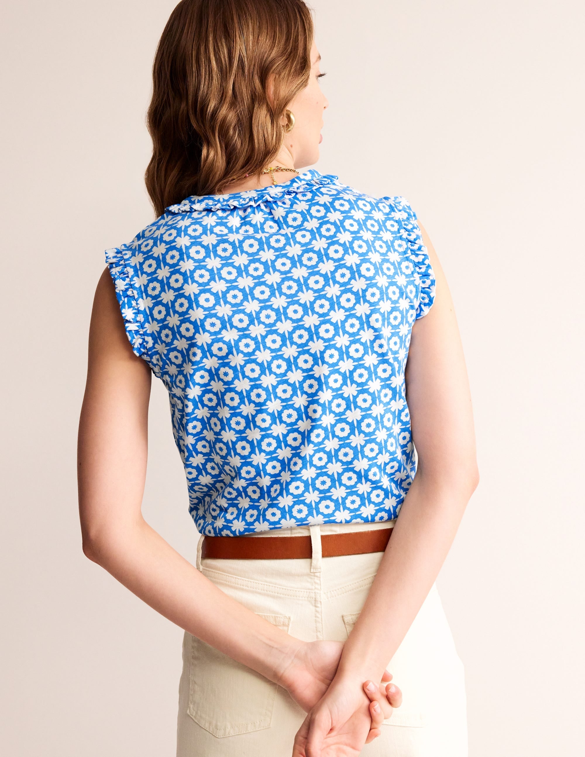 Olive Sleeveless Shirt-Brilliant Blue, Blossom Tile - Image 3