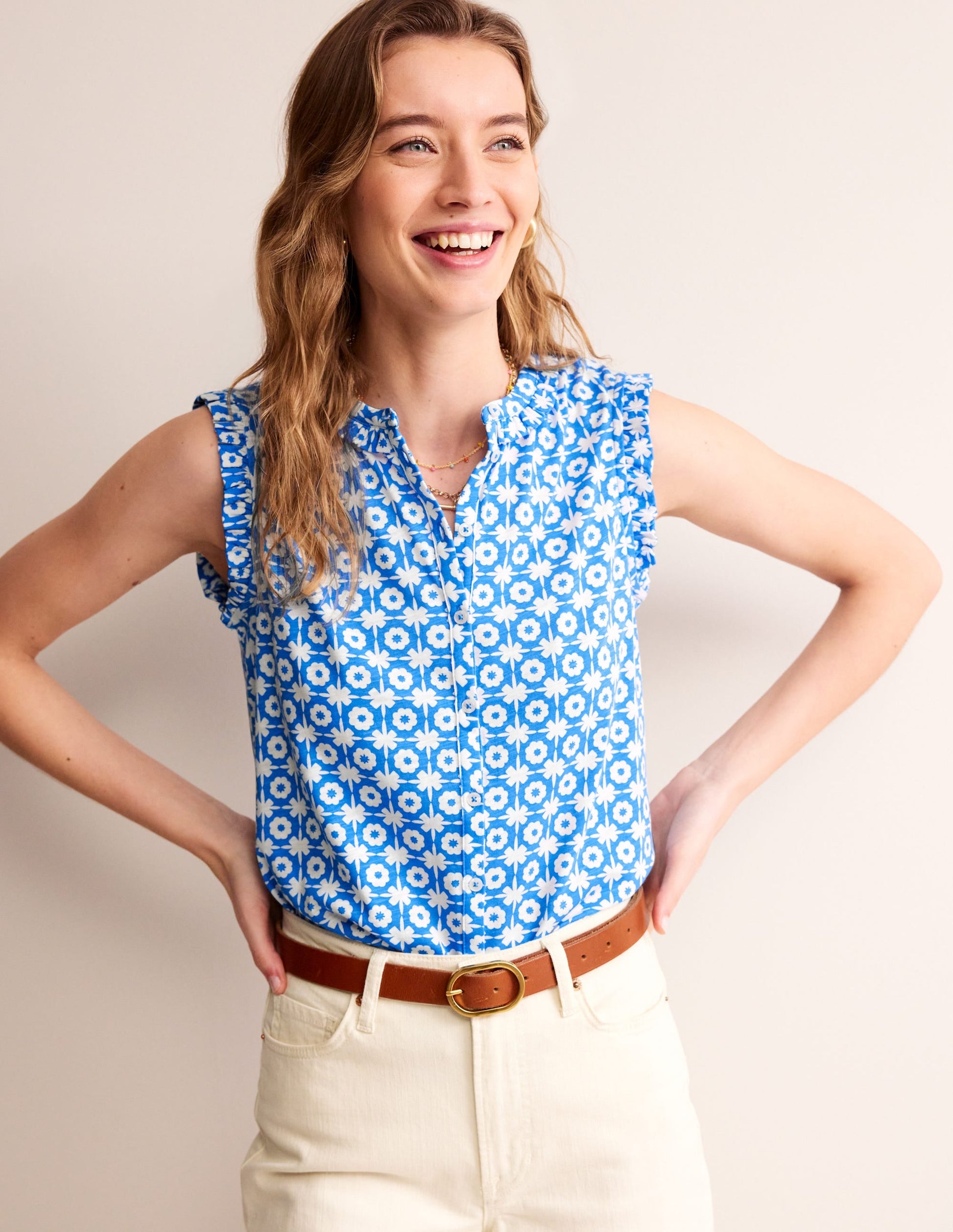 Olive Sleeveless Shirt-Brilliant Blue, Blossom Tile-4