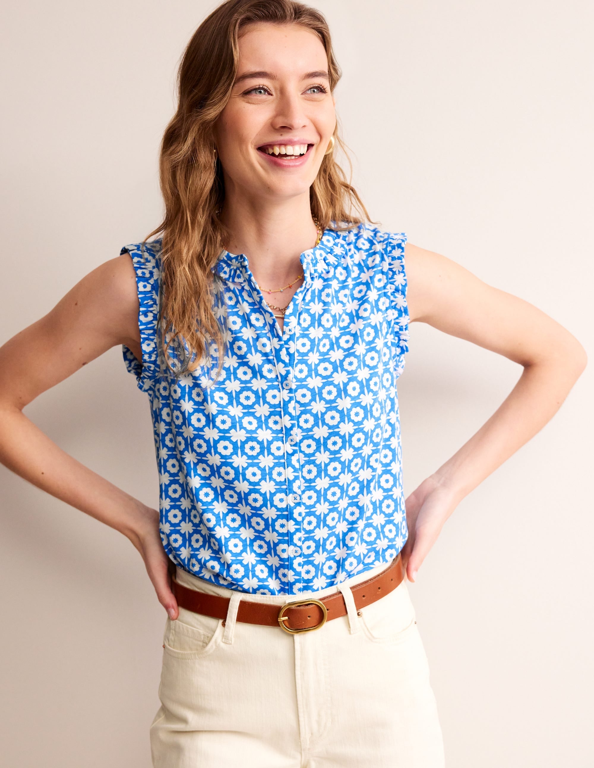 Olive Sleeveless Shirt-Brilliant Blue, Blossom Tile - Image 4