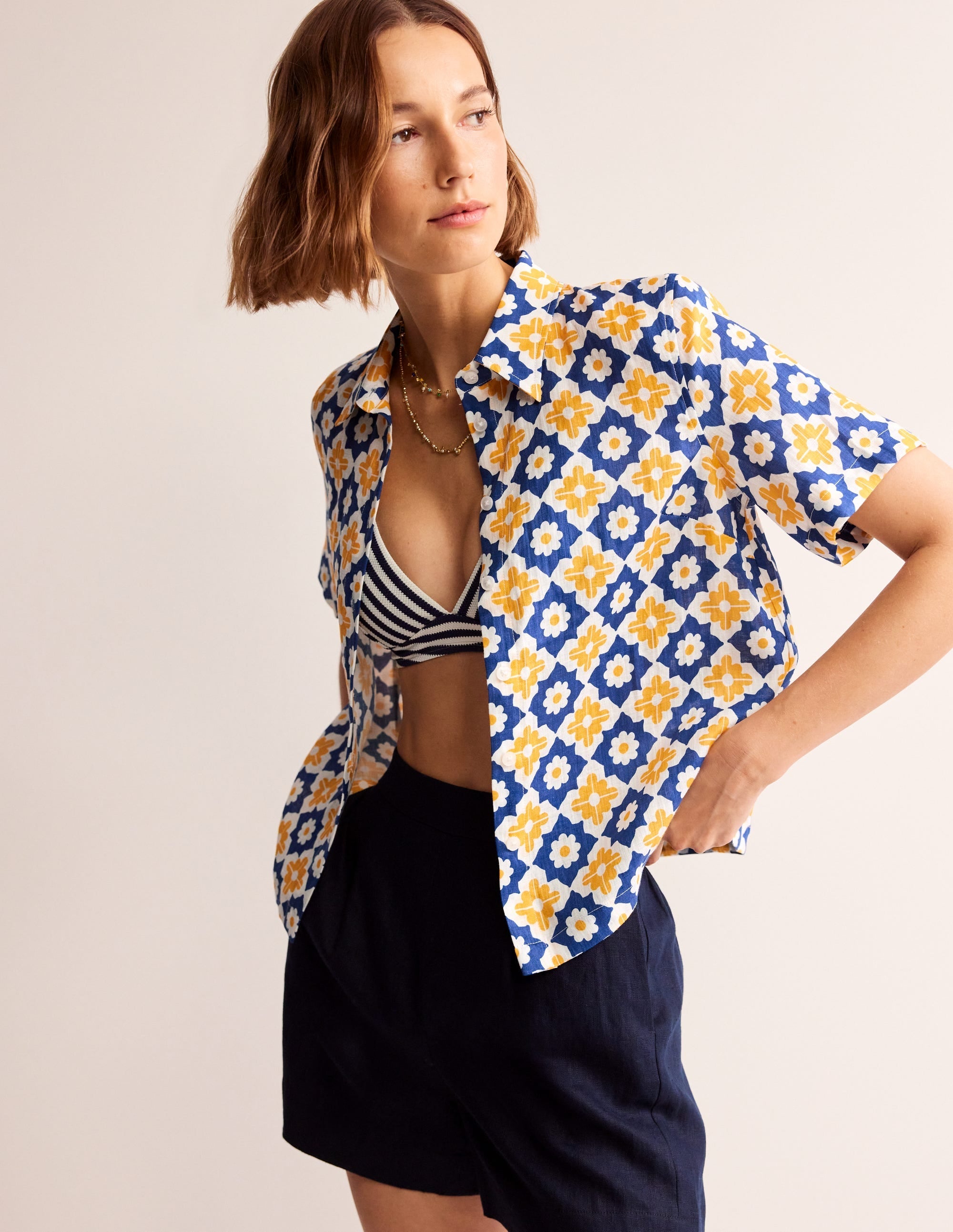 Hazel Short Sleeve Linen Shirt-Surf The Web, Geometric Stamp - Image 1