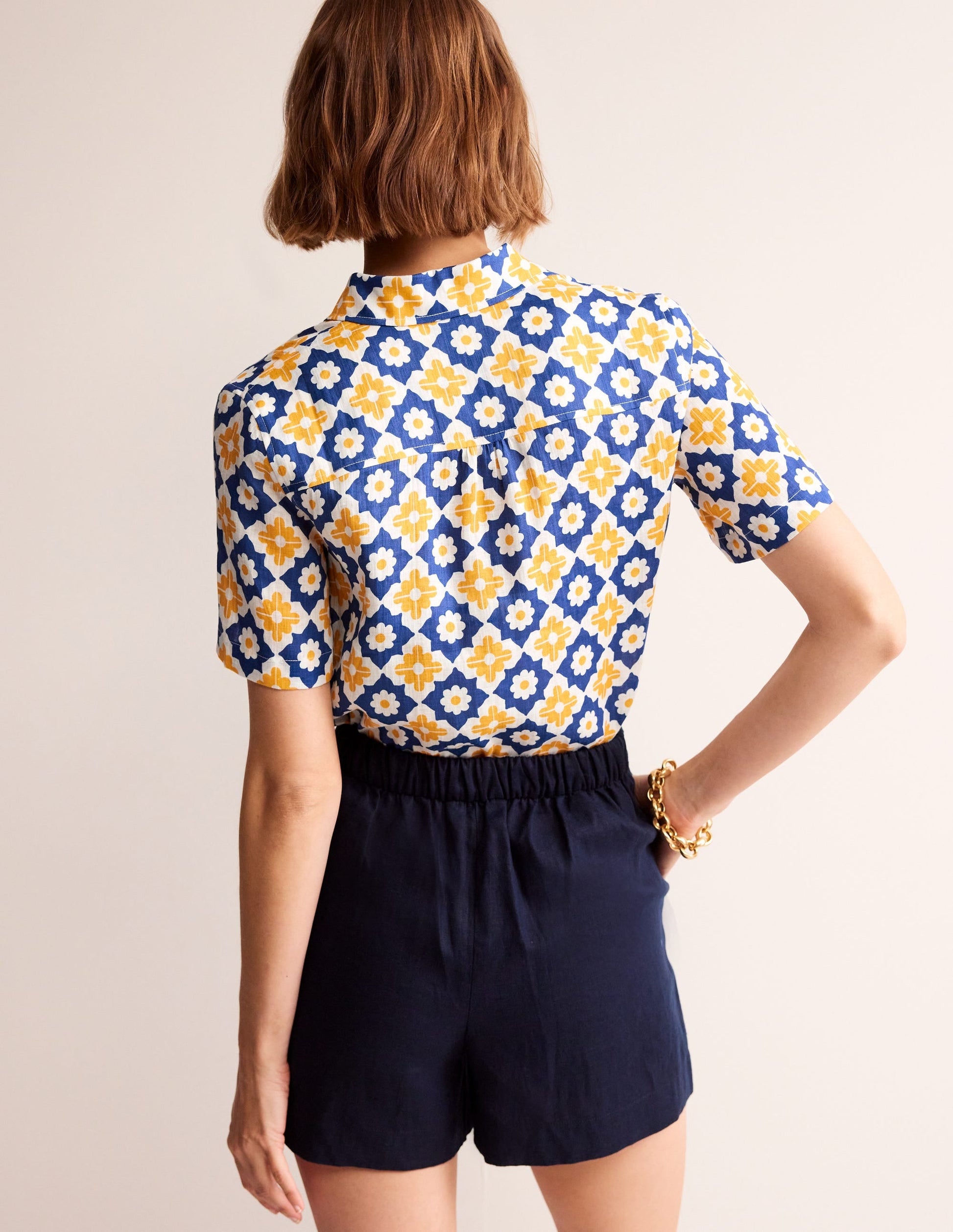 Hazel Short Sleeve Linen Shirt-Surf The Web, Geometric Stamp-3