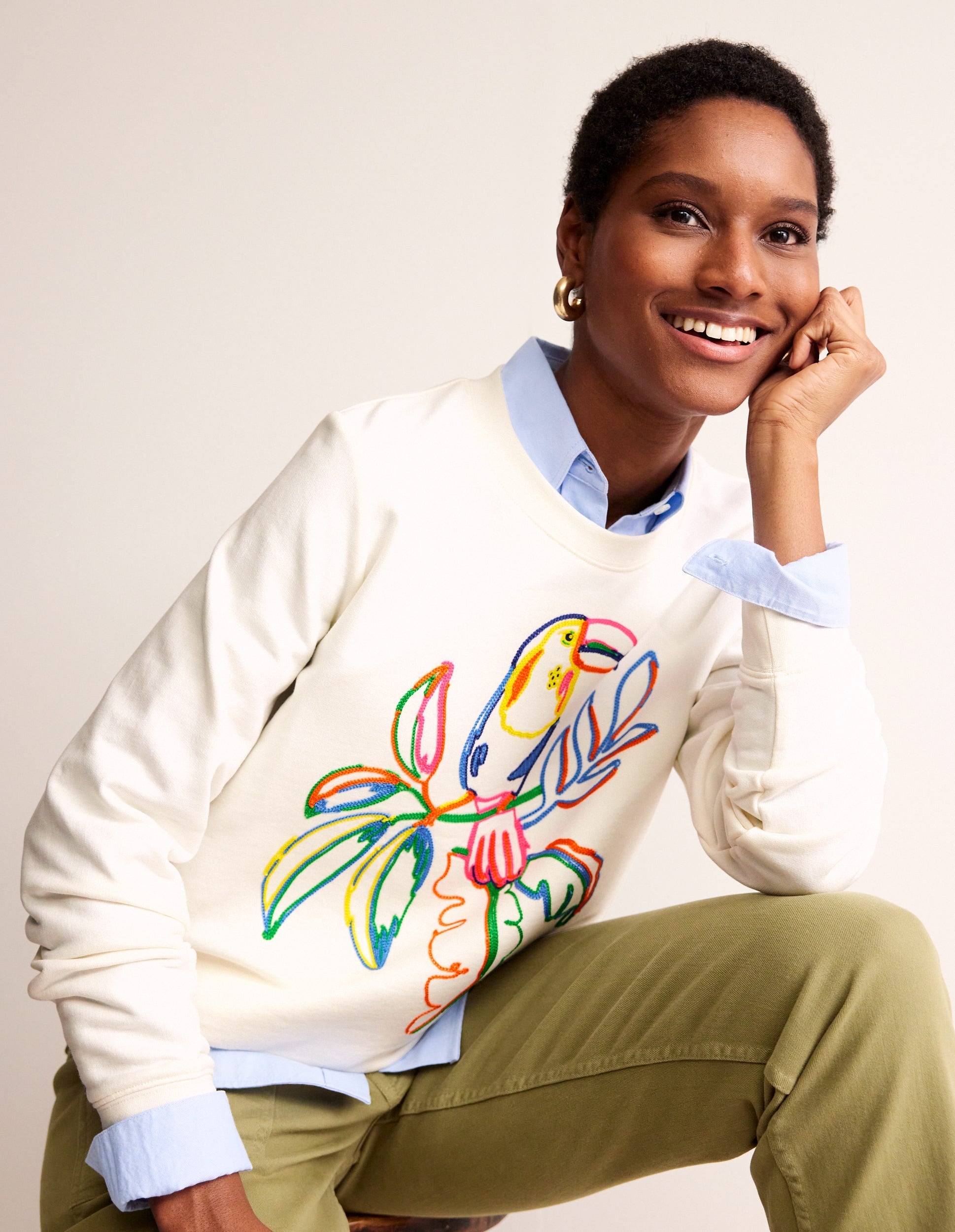 Hannah Embroidered Sweatshirt-Ivory, Embroidered Toucan - Image 1