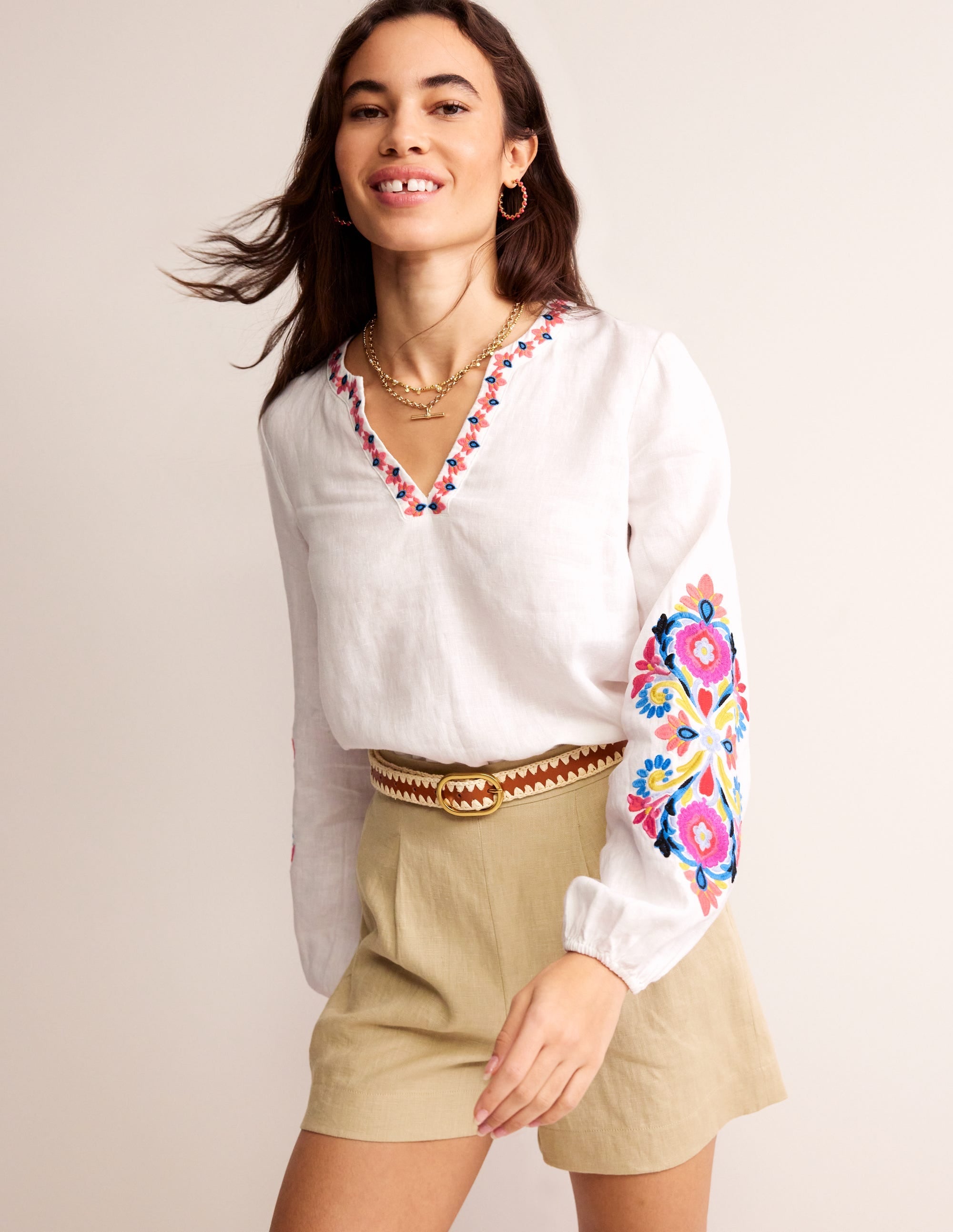 Bonnie Linen Top-White, Multi Floral - Image 1