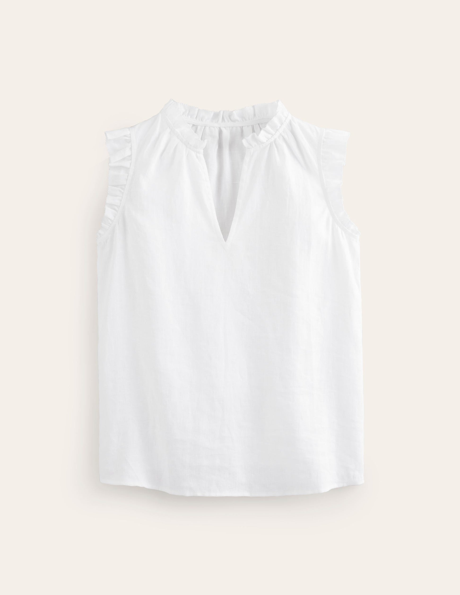 Frill Sleeve Linen Notch Top-White-5