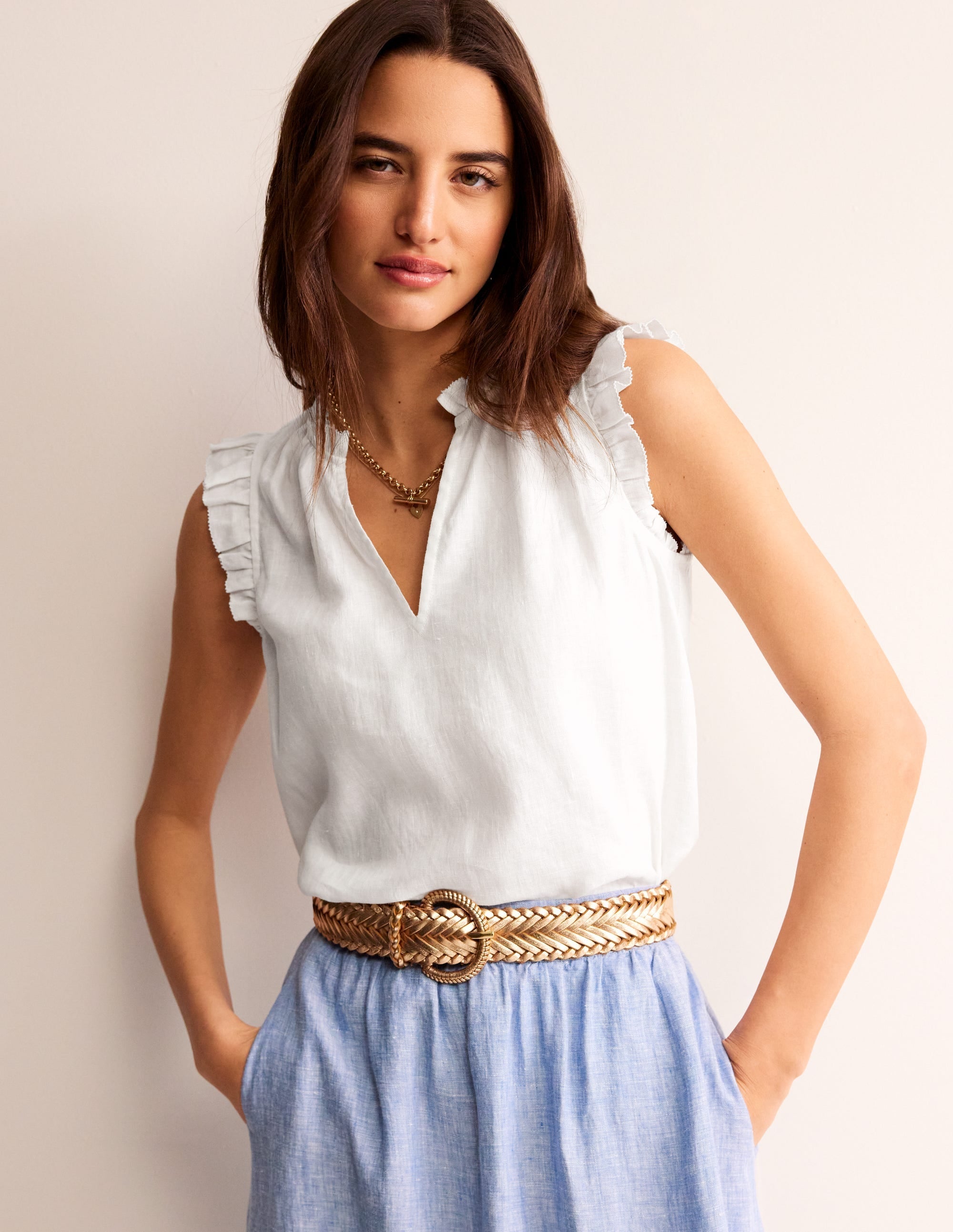 Frill Sleeve Linen Notch Top-White - Image 1