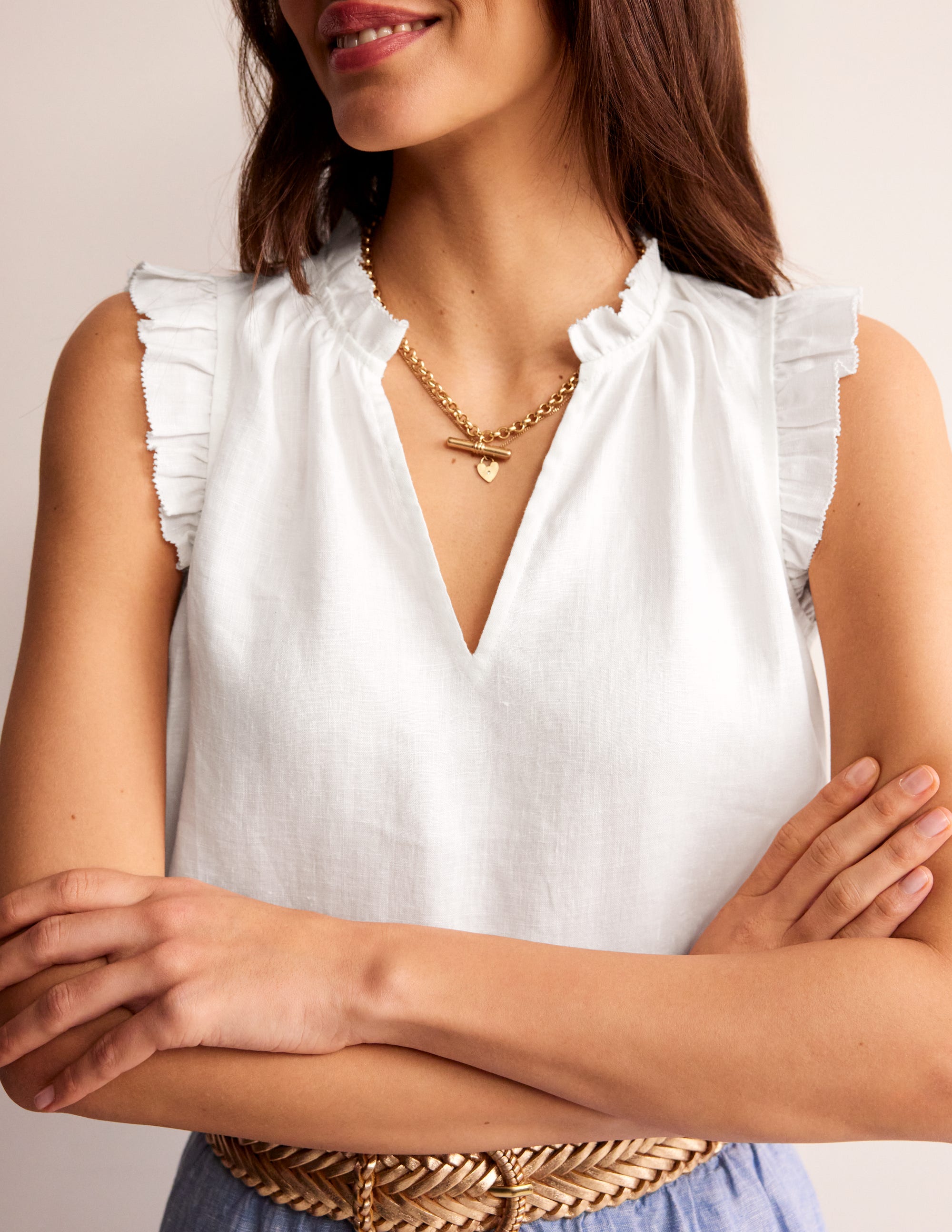 Frill Sleeve Linen Notch Top-White - Image 2