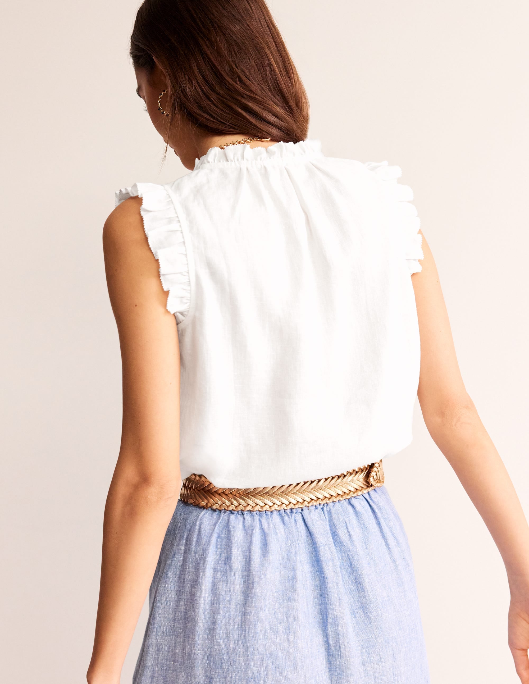 Frill Sleeve Linen Notch Top-White - Image 3