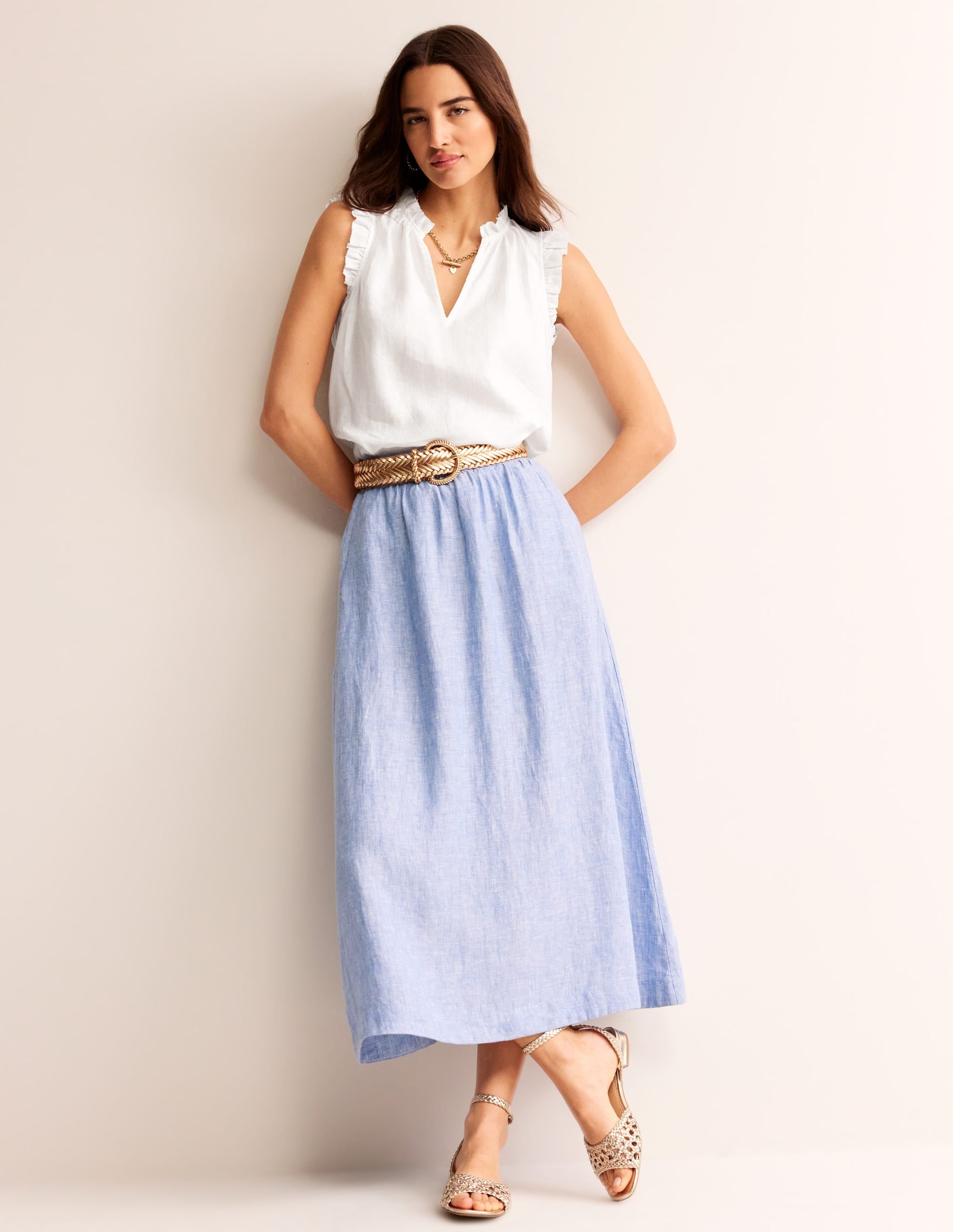 Frill Sleeve Linen Notch Top-White - Image 4