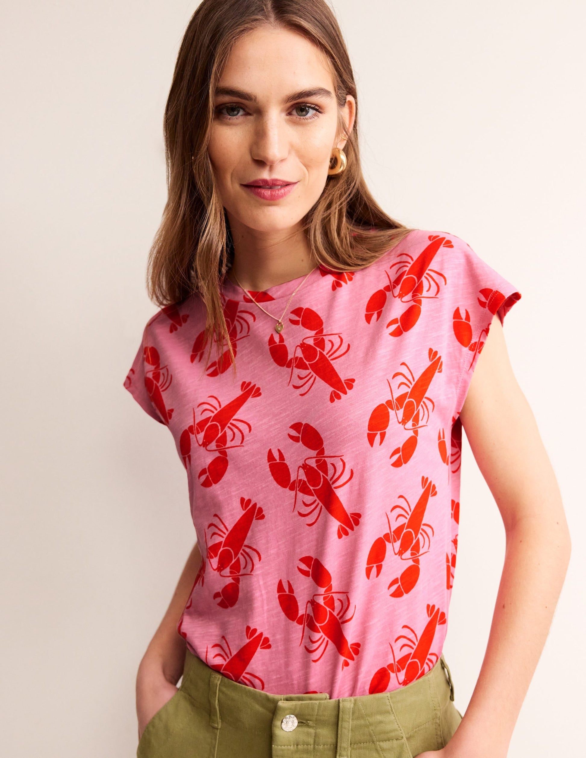 Louisa Printed Slub T-Shirt-Cashmere Rose, Lobster Small-1