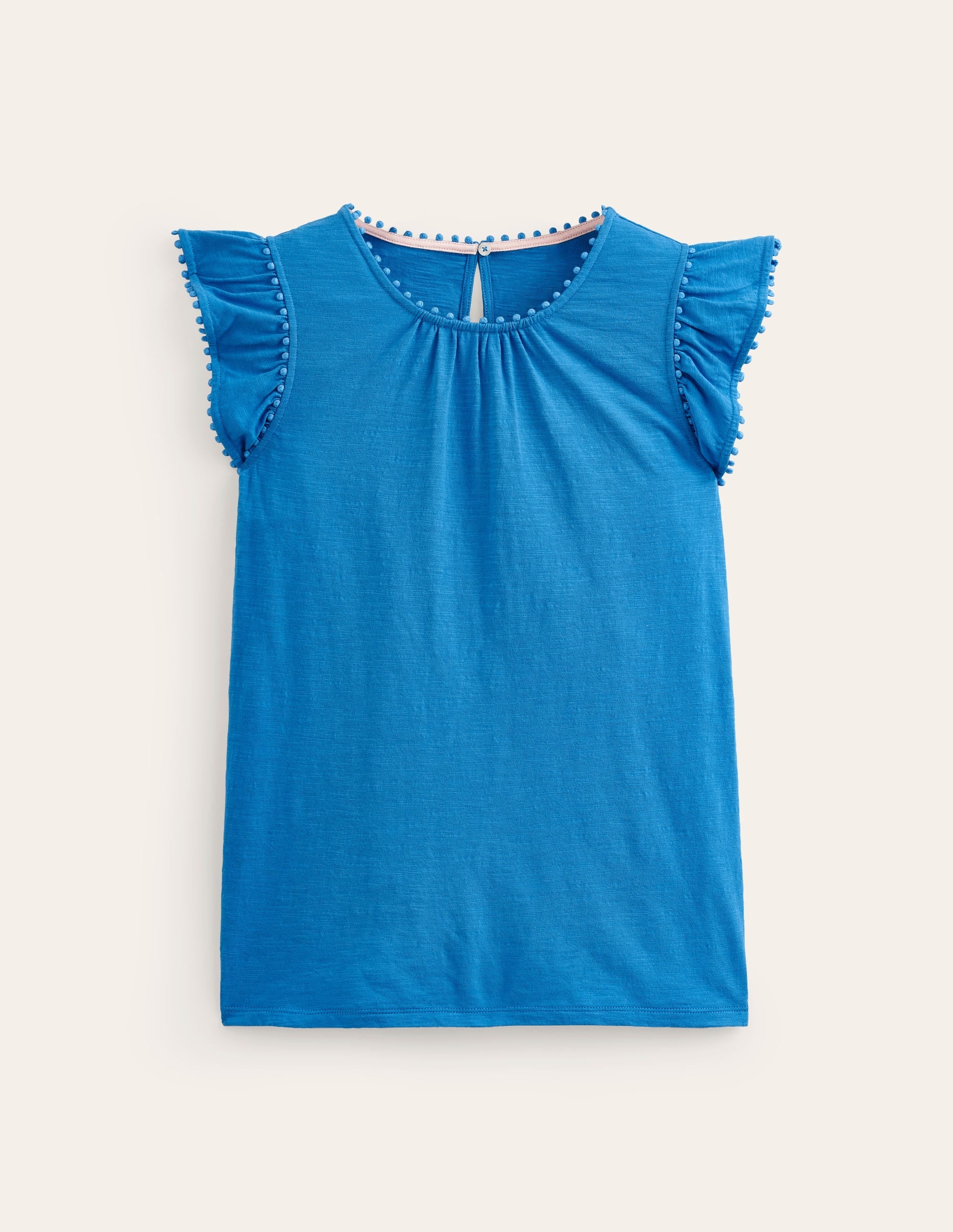 Pom Trim Ruffle Sleeve Top-Brilliant Blue - Image 5