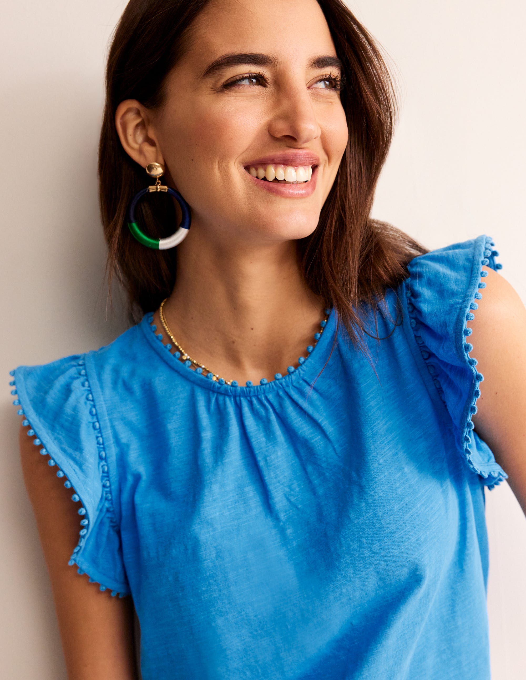 Pom Trim Ruffle Sleeve Top-Brilliant Blue - Image 1