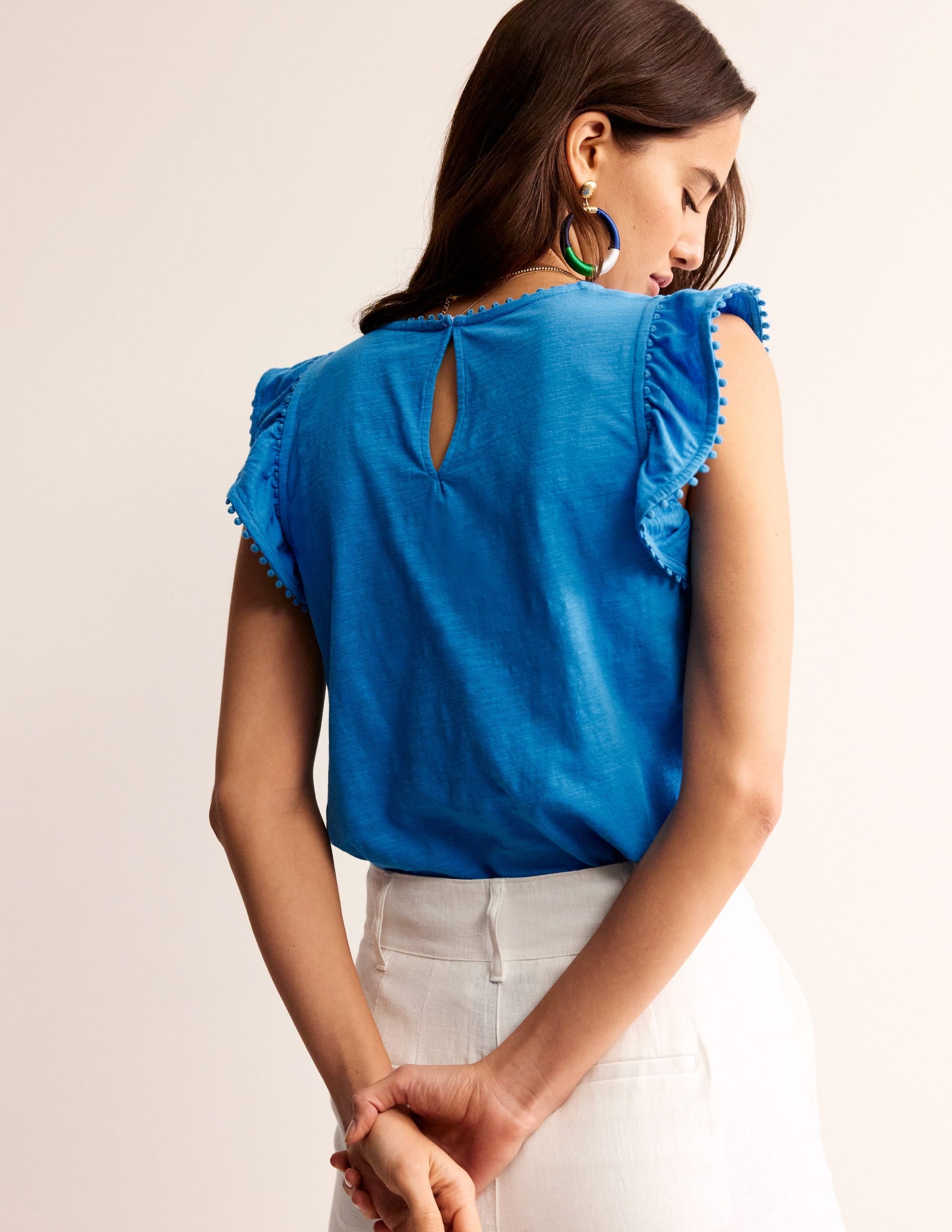 Pom Trim Ruffle Sleeve Top-Brilliant Blue-3