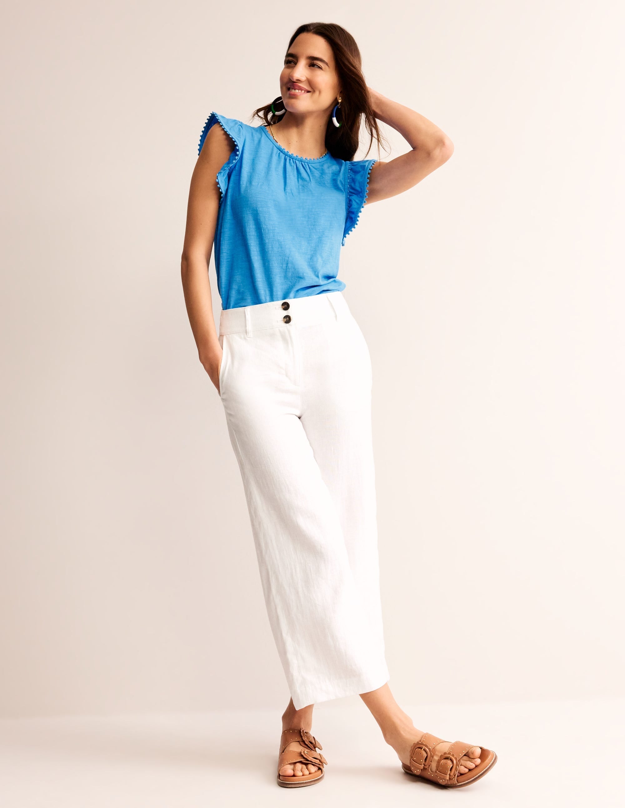 Pom Trim Ruffle Sleeve Top-Brilliant Blue - Image 4