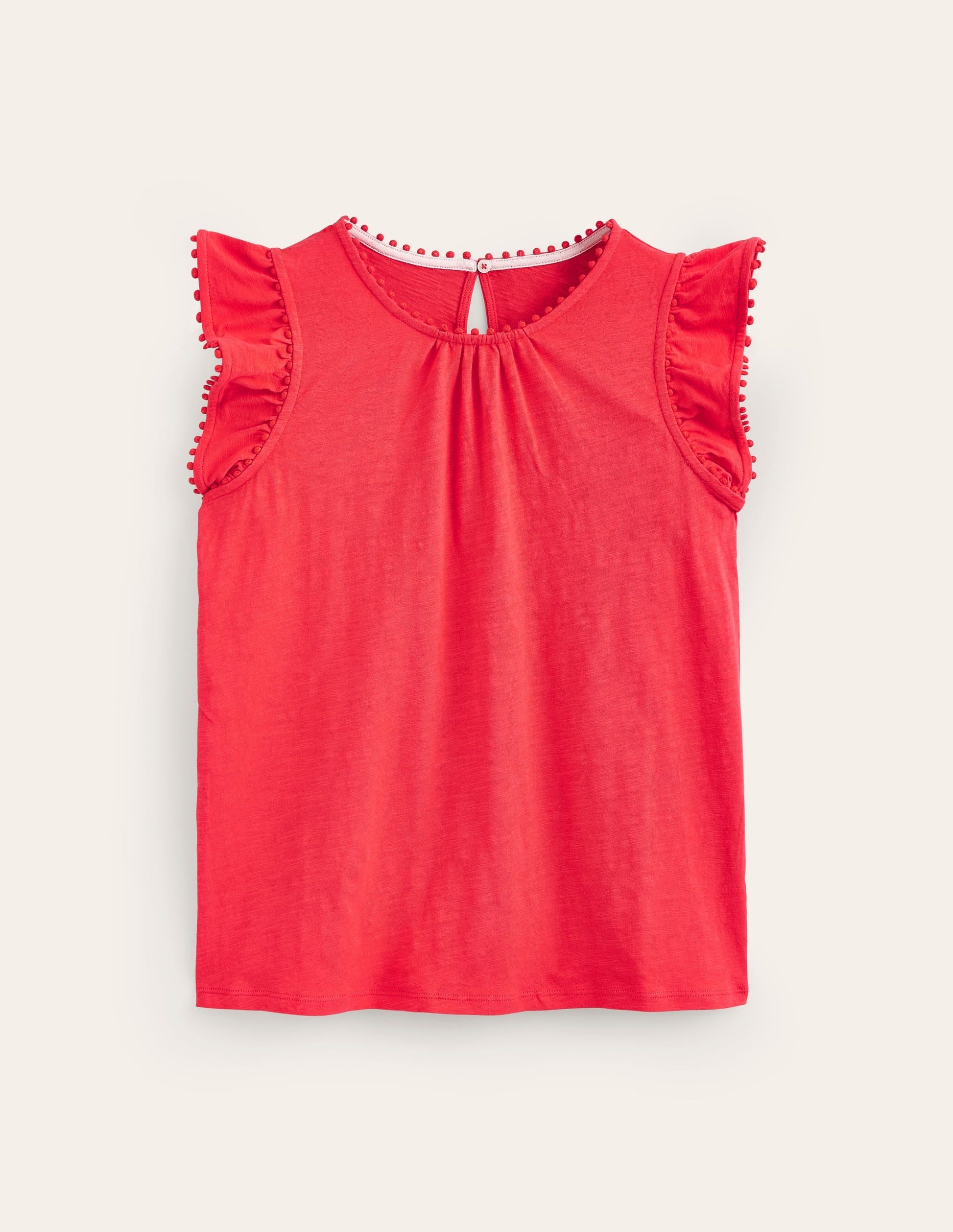 Pom Trim Ruffle Sleeve Top-Hibiscus-5