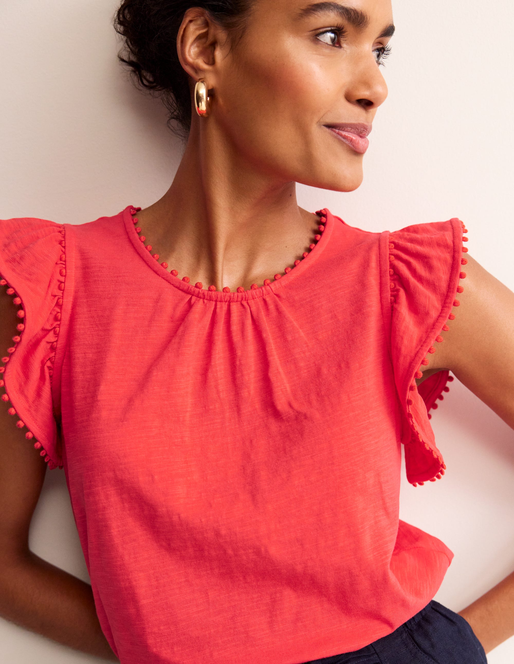 Pom Trim Ruffle Sleeve Top-Hibiscus - Image 1