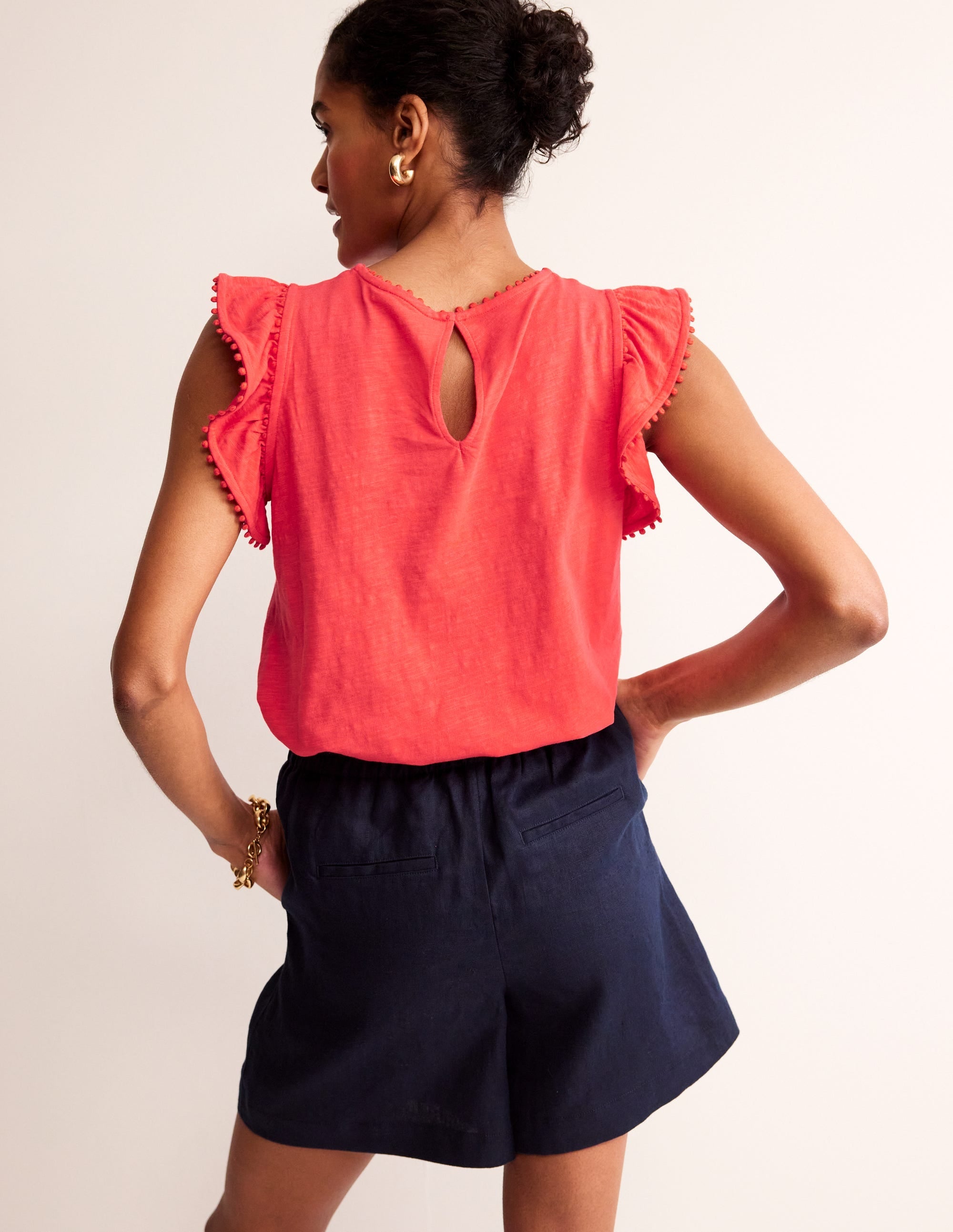 Pom Trim Ruffle Sleeve Top-Hibiscus - Image 3