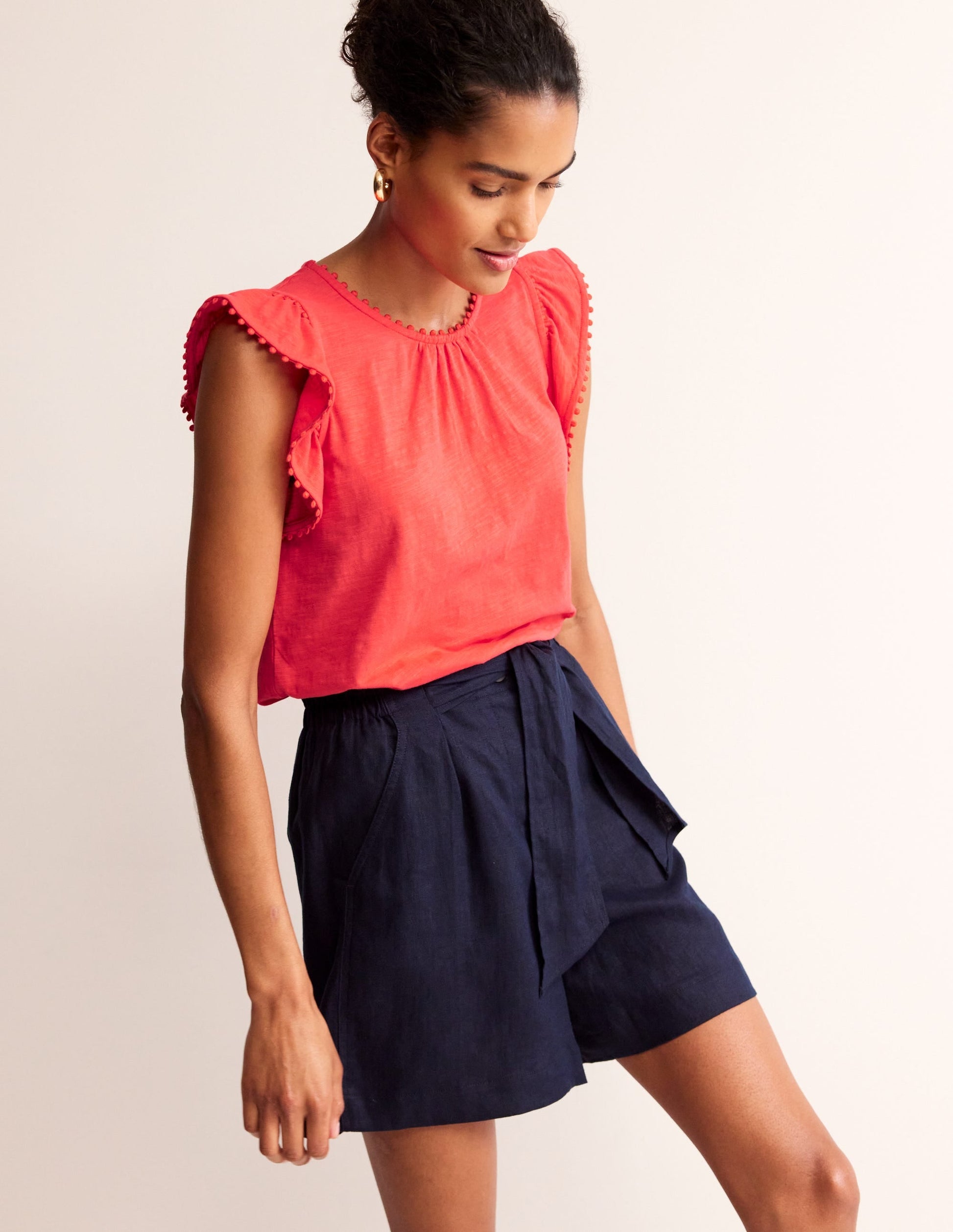 Pom Trim Ruffle Sleeve Top-Hibiscus-4