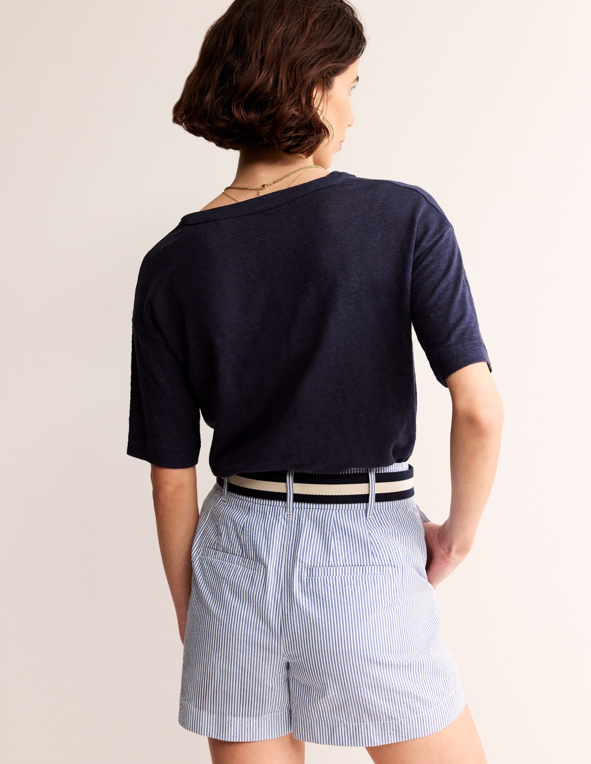 Notch Neck Linen Henley Top-Navy - Image 3