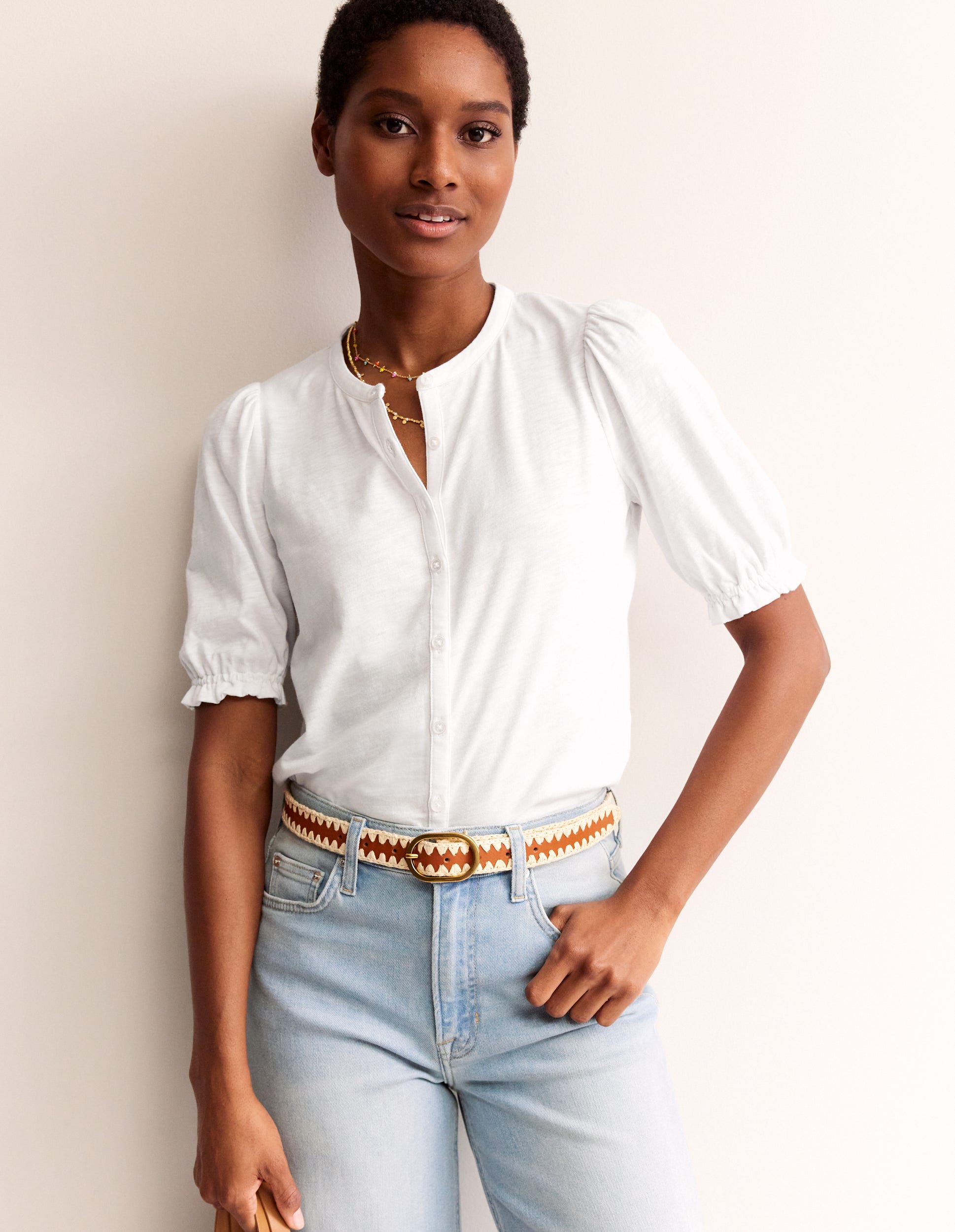 Dolly Puff Sleeve Jersey Shirt-White-1