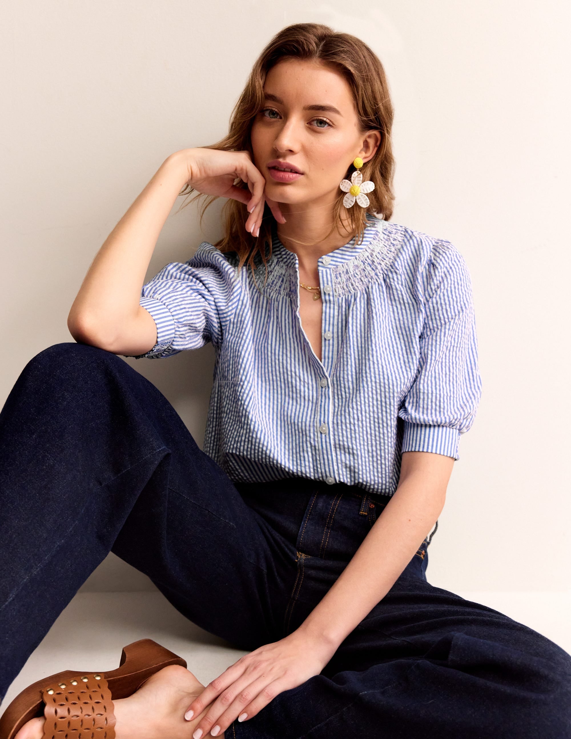 Ada Seersucker Top-Bright Blue, Ivory - Image 1
