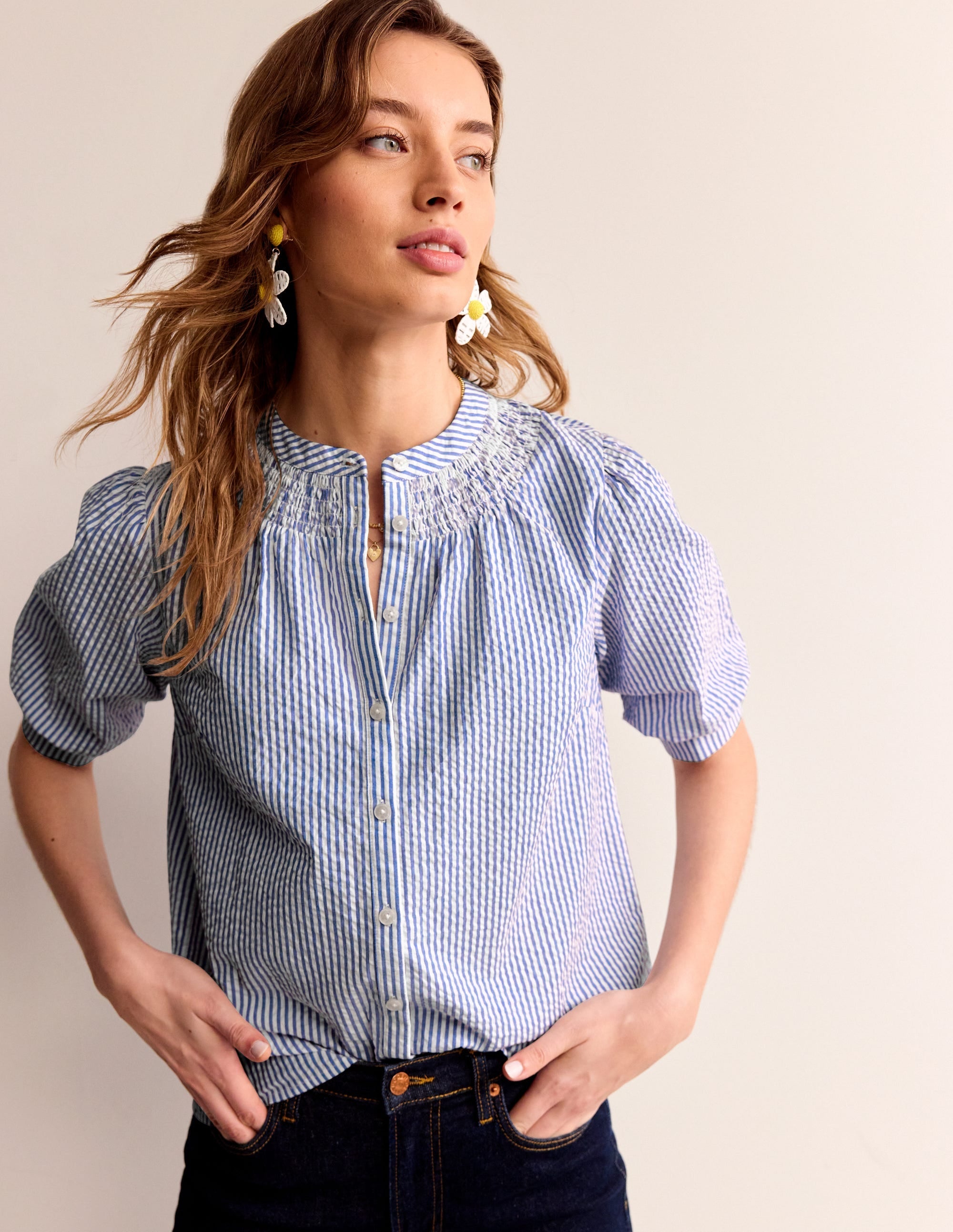 Ada Seersucker Top-Bright Blue, Ivory - Image 2