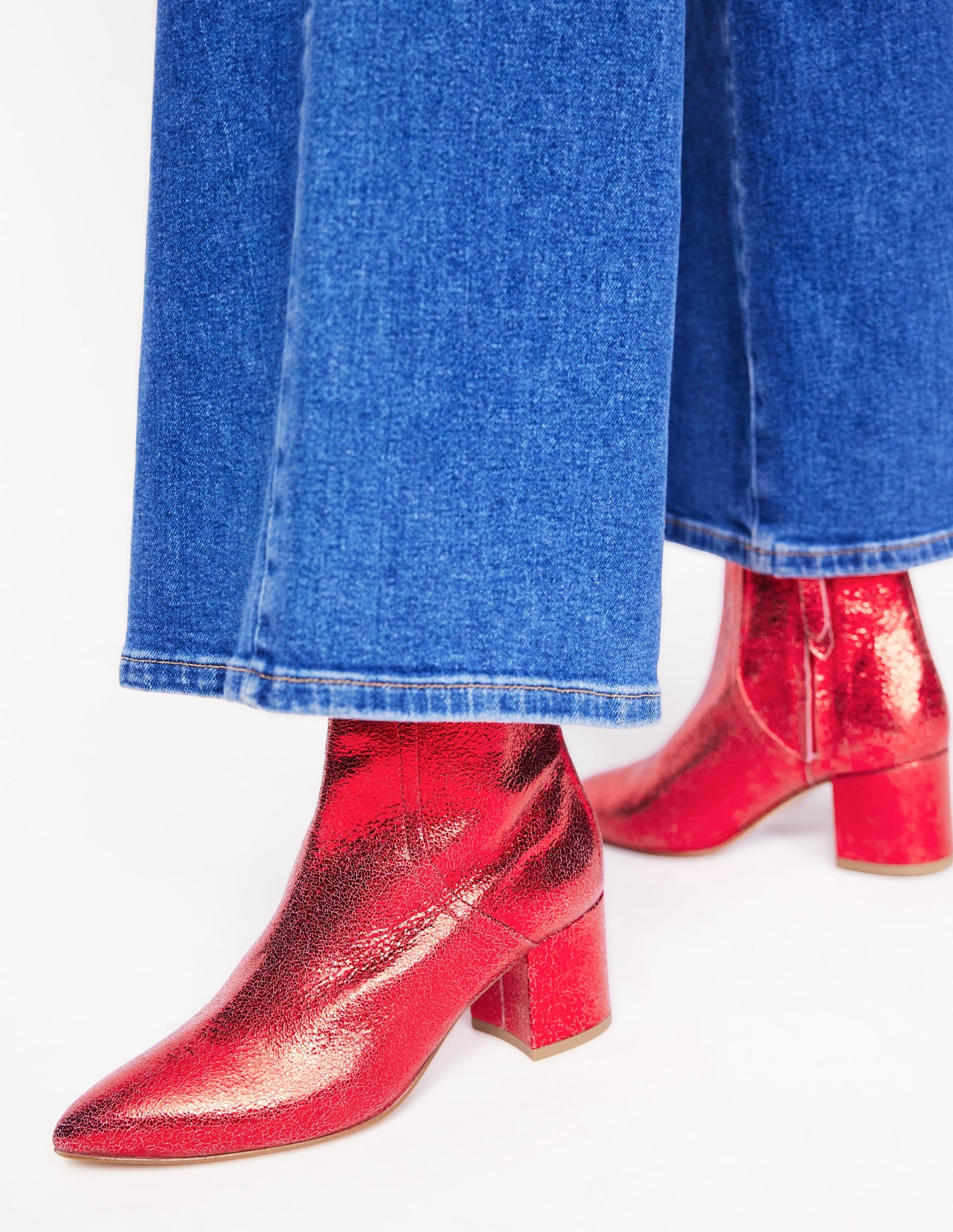 Block Heel Leather Ankle Boots-Red Metallic Leather-1
