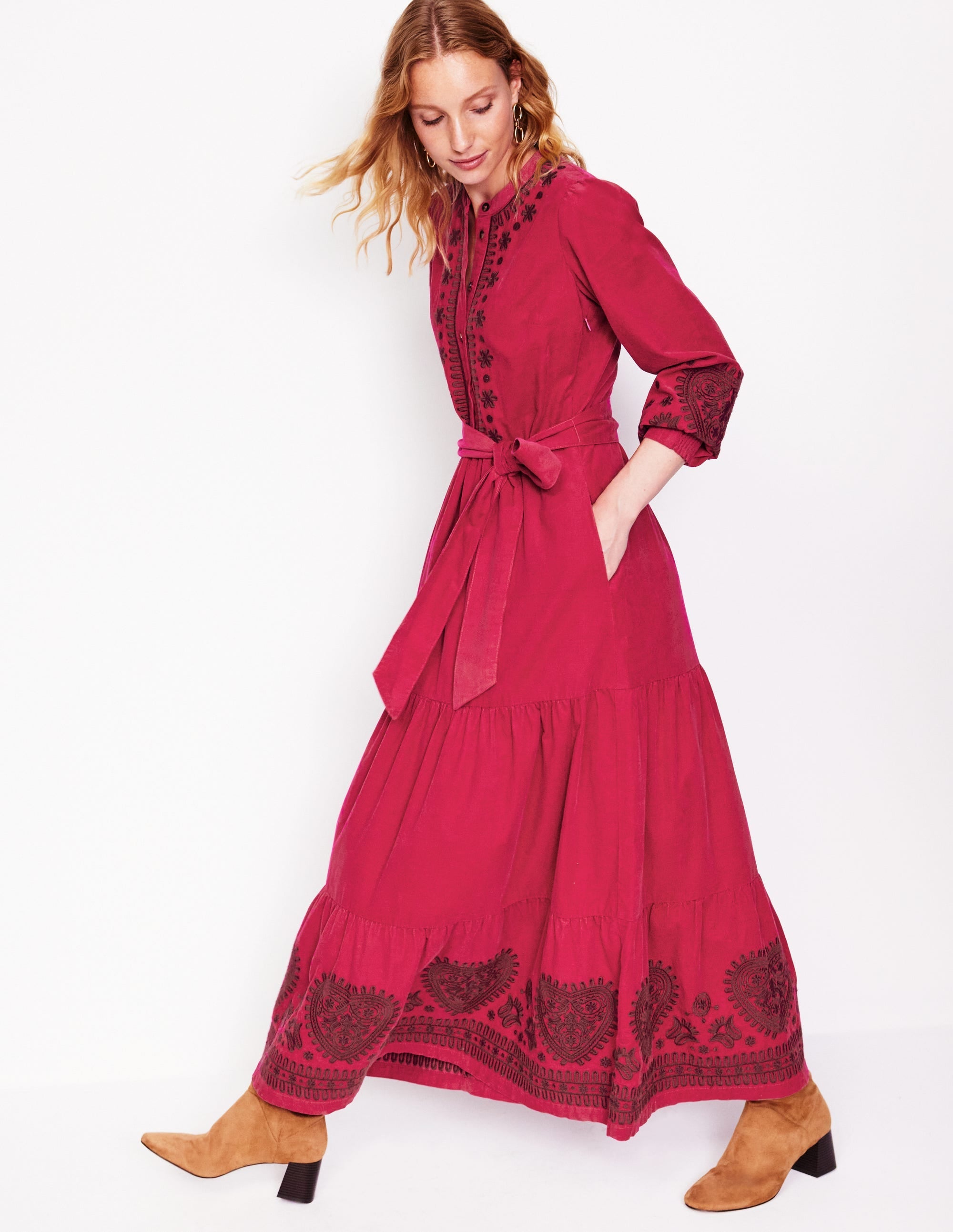 Alba Cord Maxi Dress-Cherry Jam, Embroidered - Image 1