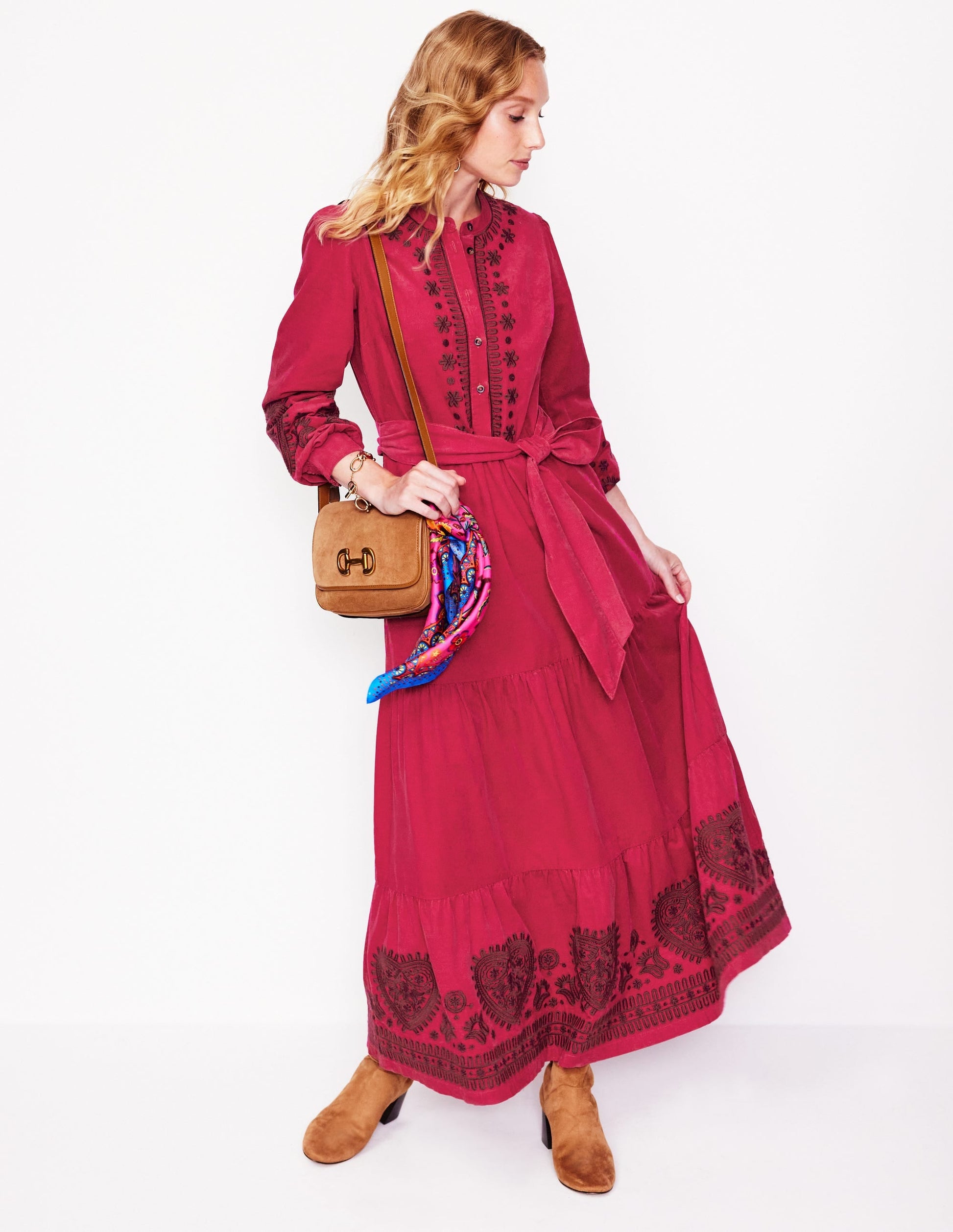 Alba Cord Maxi Dress-Cherry Jam, Embroidered-4