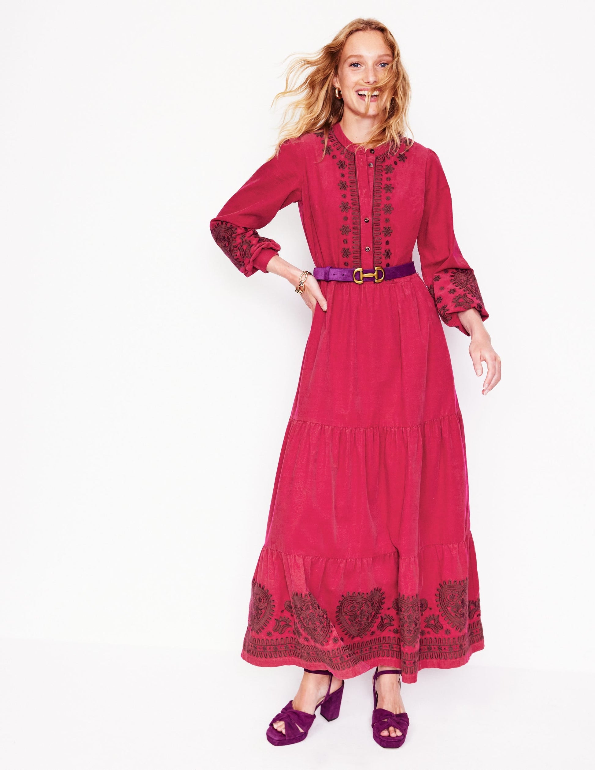 Alba Cord Maxi Dress-Cherry Jam, Embroidered-5