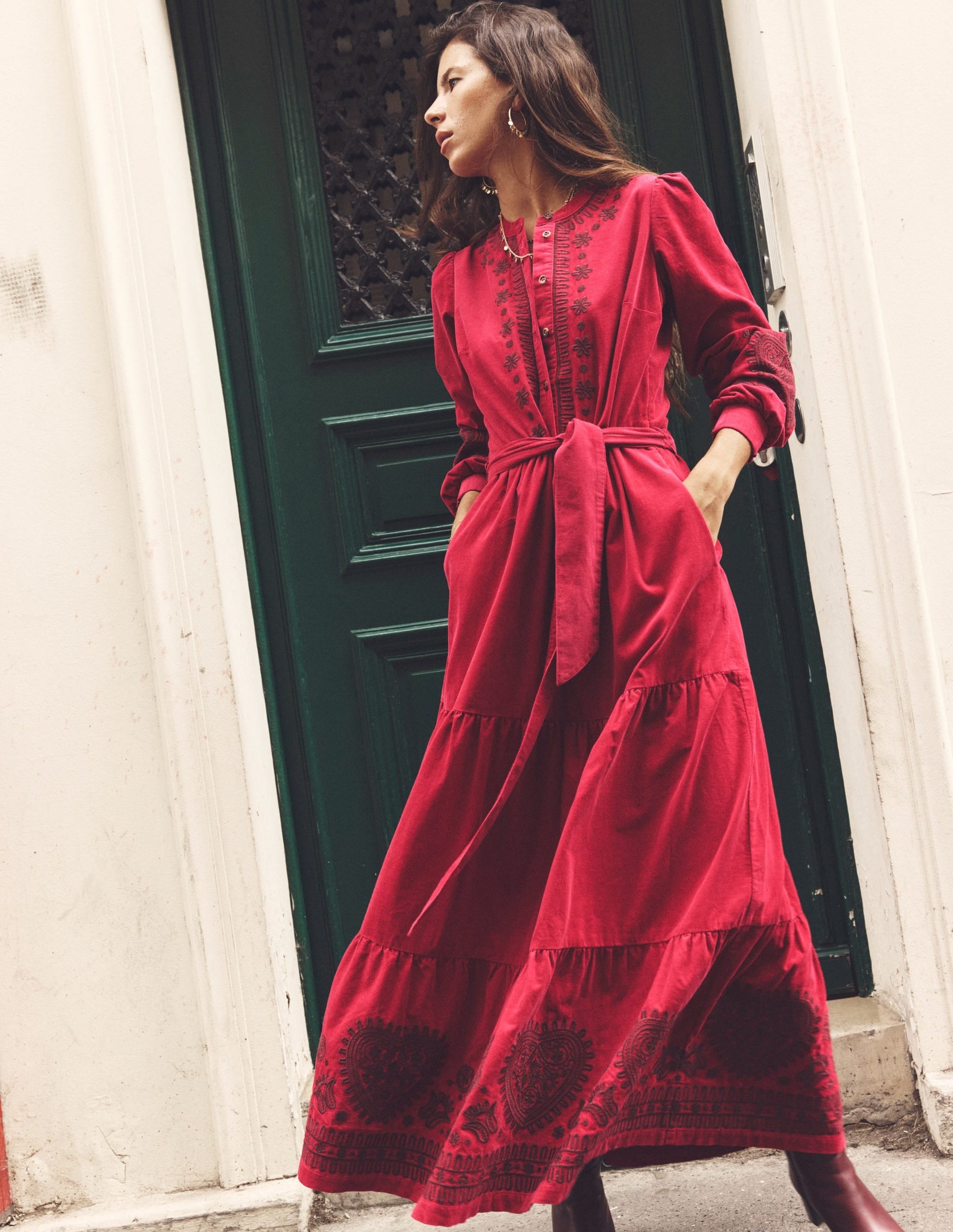 Alba Cord Maxi Dress-Cherry Jam, Embroidered-7