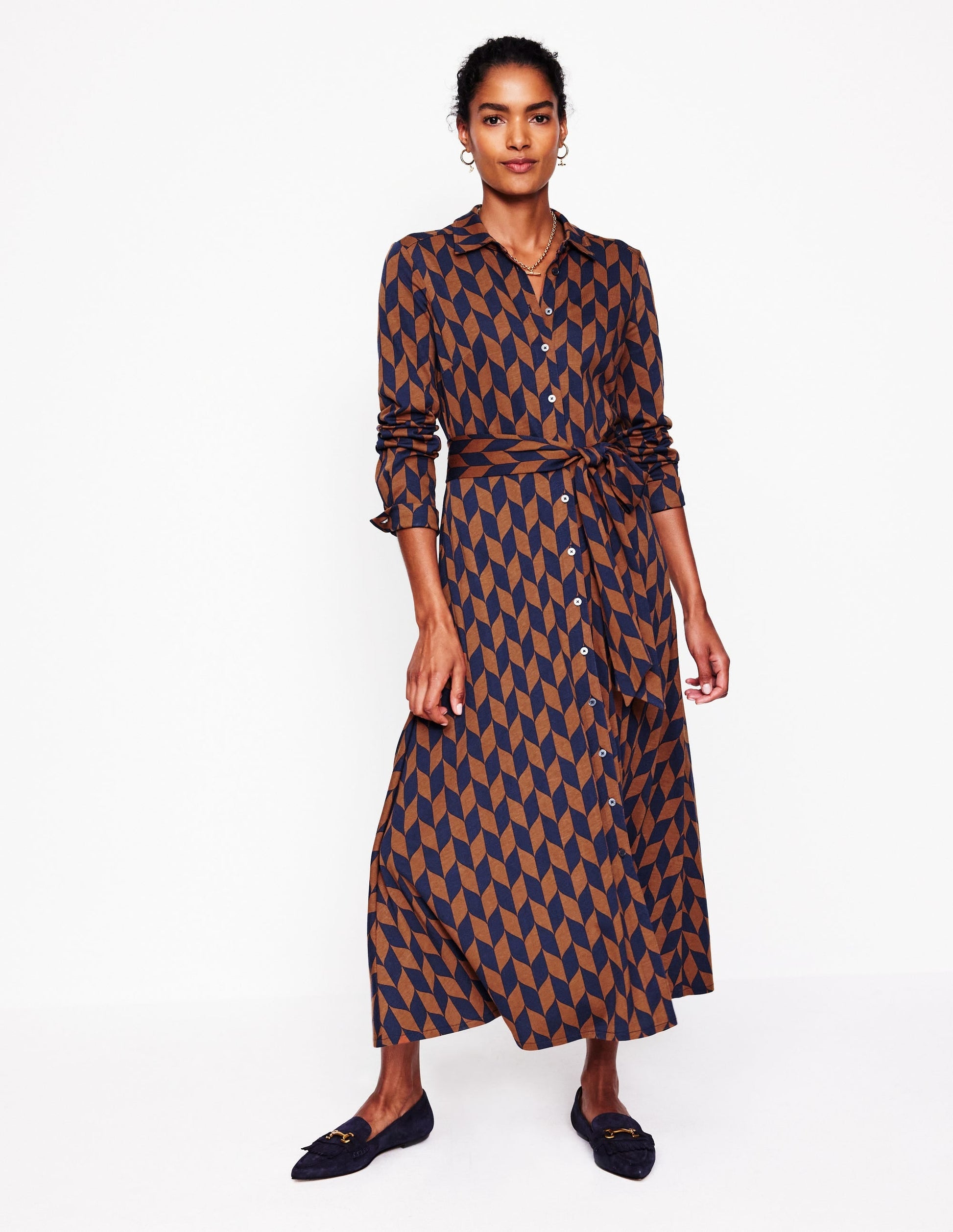 Marcia Jersey Midi Shirt Dress-Cognac, Chevron Swirl-1