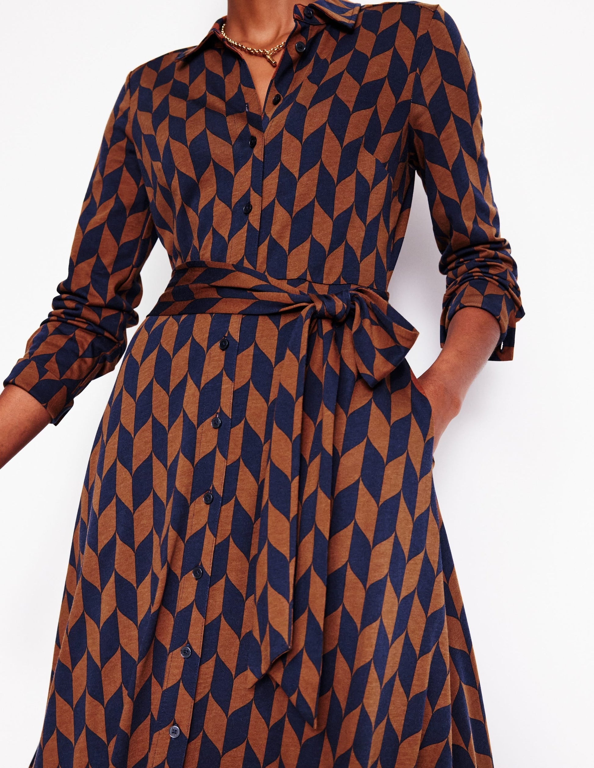 Marcia Jersey Midi Shirt Dress-Cognac, Chevron Swirl-2