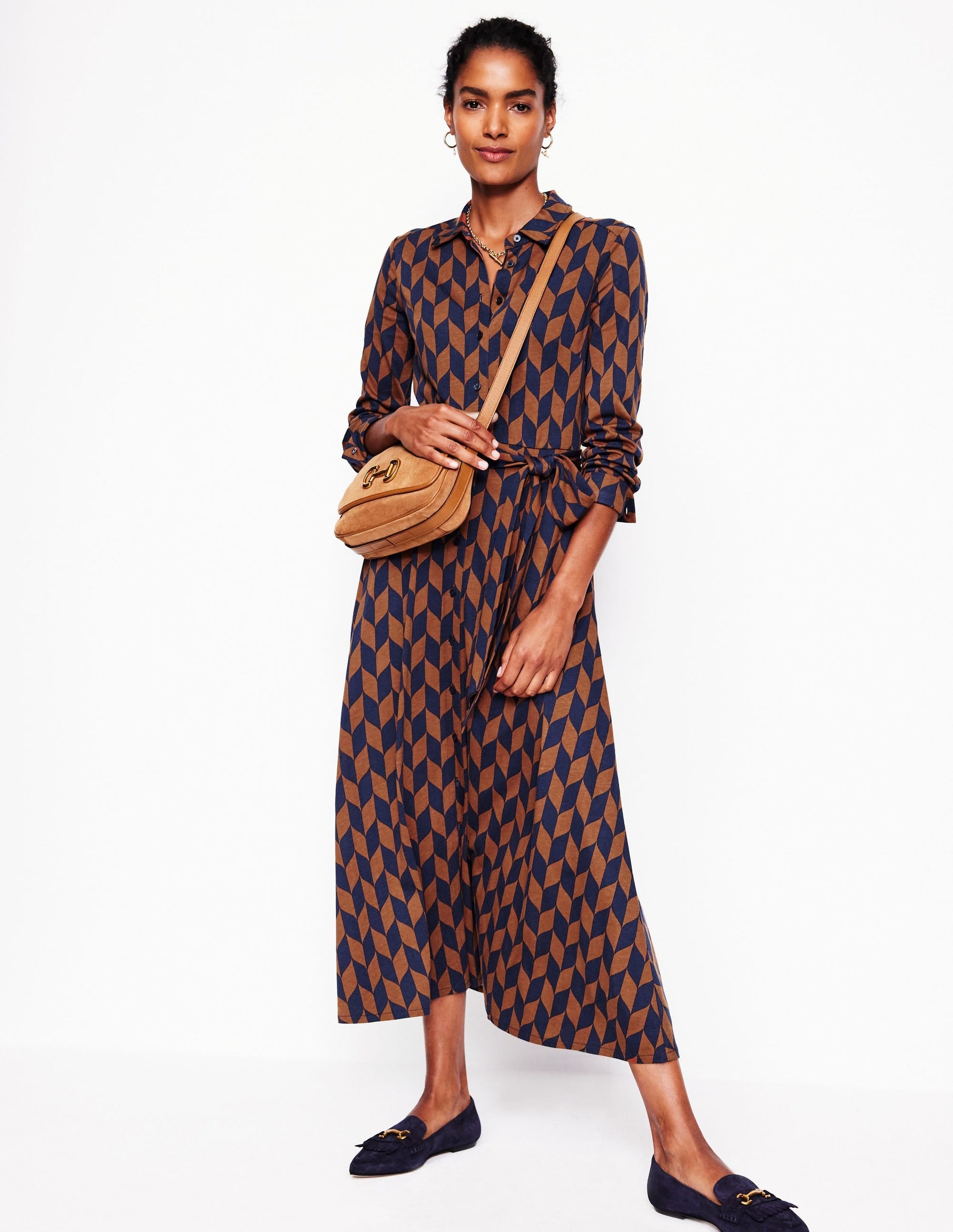 Marcia Jersey Midi Shirt Dress-Cognac, Chevron Swirl-4