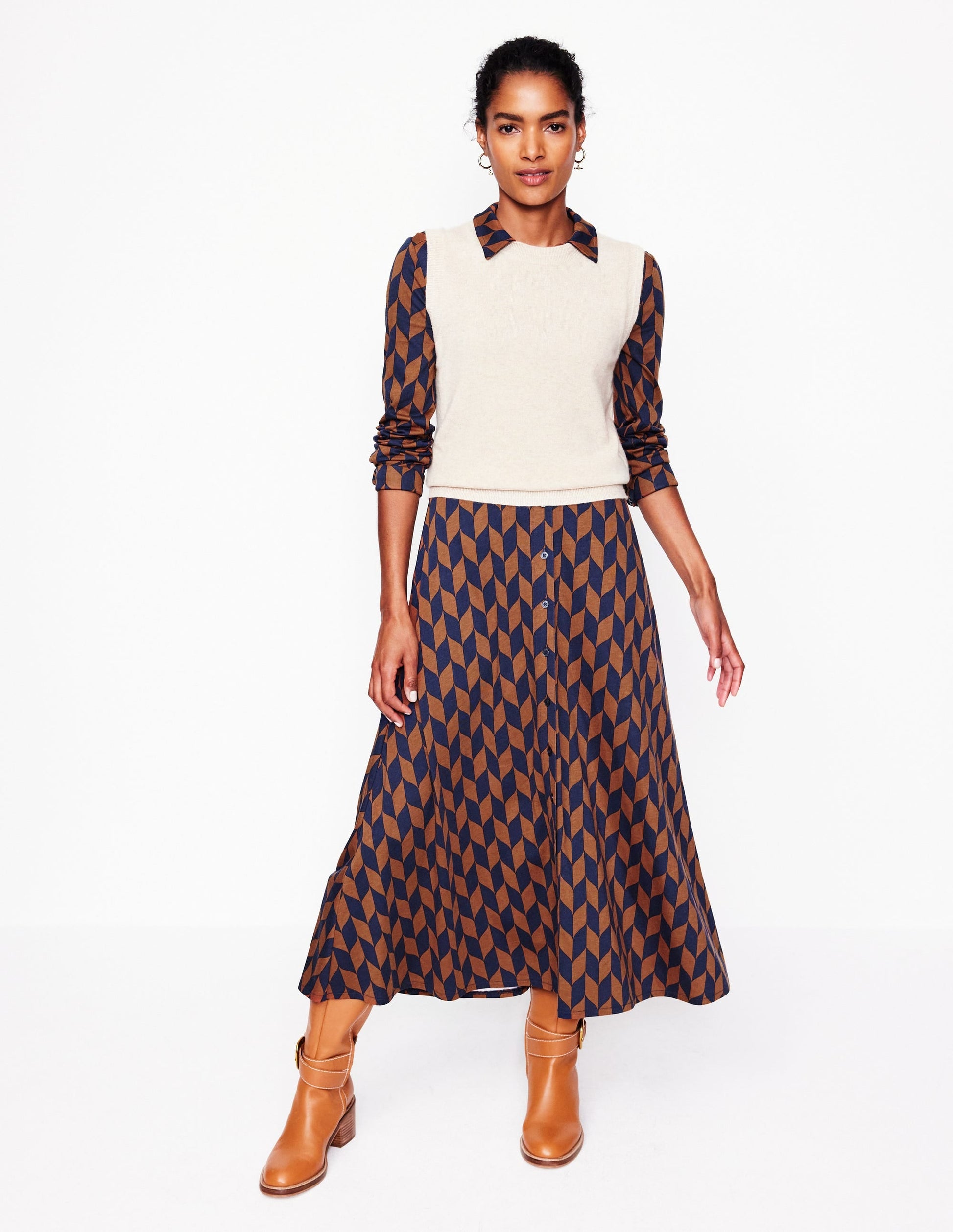 Marcia Jersey Midi Shirt Dress-Cognac, Chevron Swirl-5