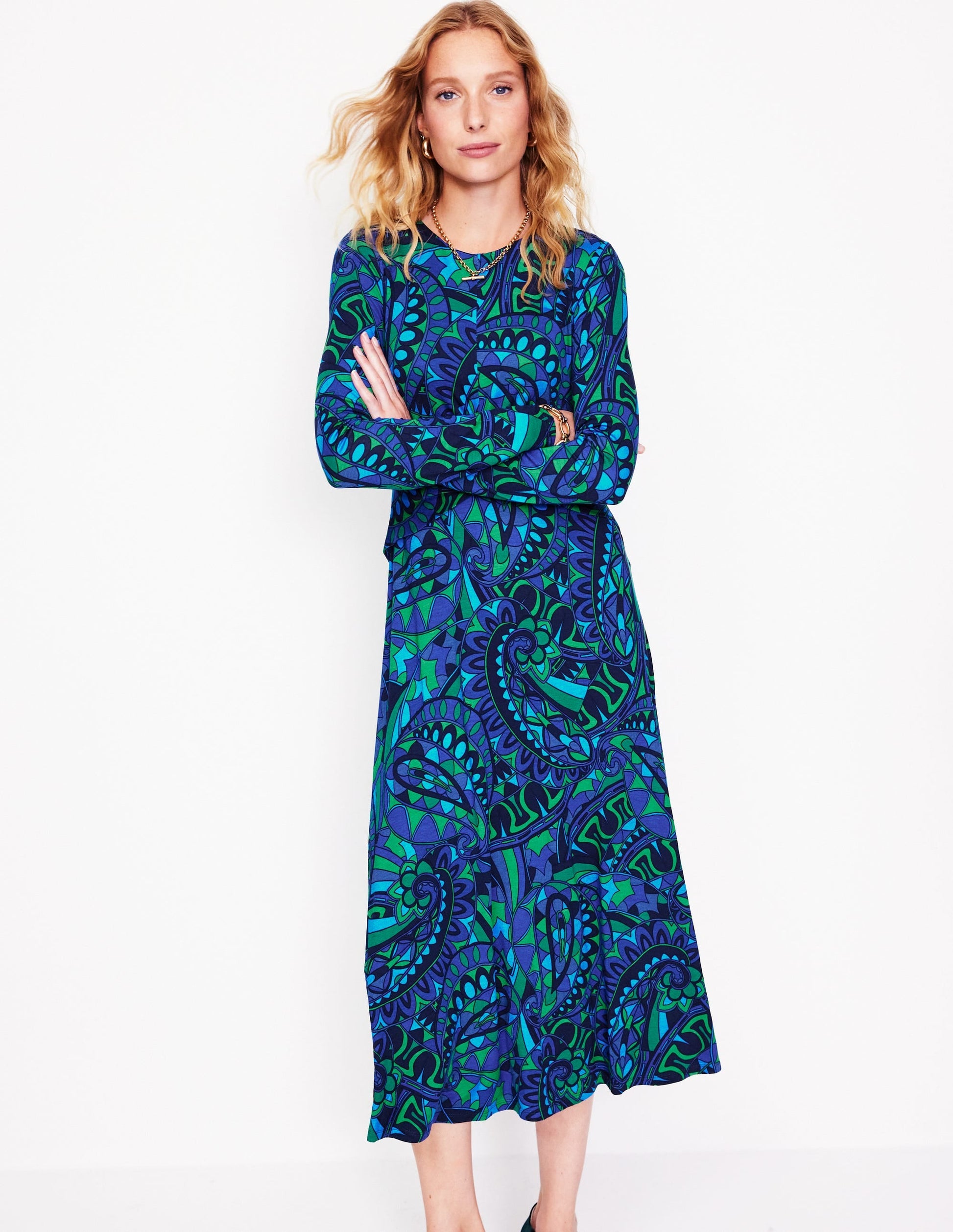 Twisted Waist Jersey Dress-Blue, Kaleidoscopic Paisley-1