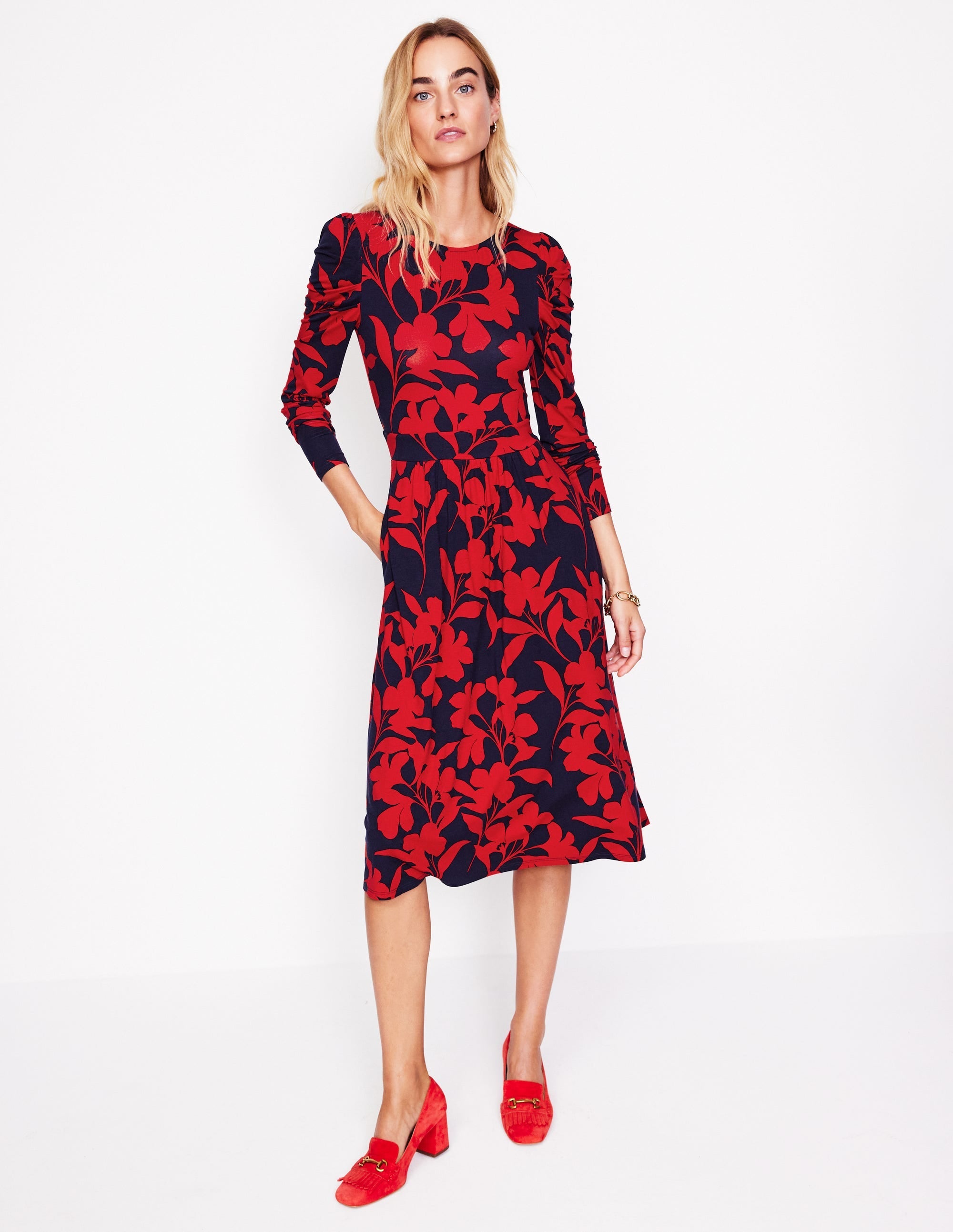 Puff Sleeve Blouson Dress-Red, Silhouette Bloom - Image 1