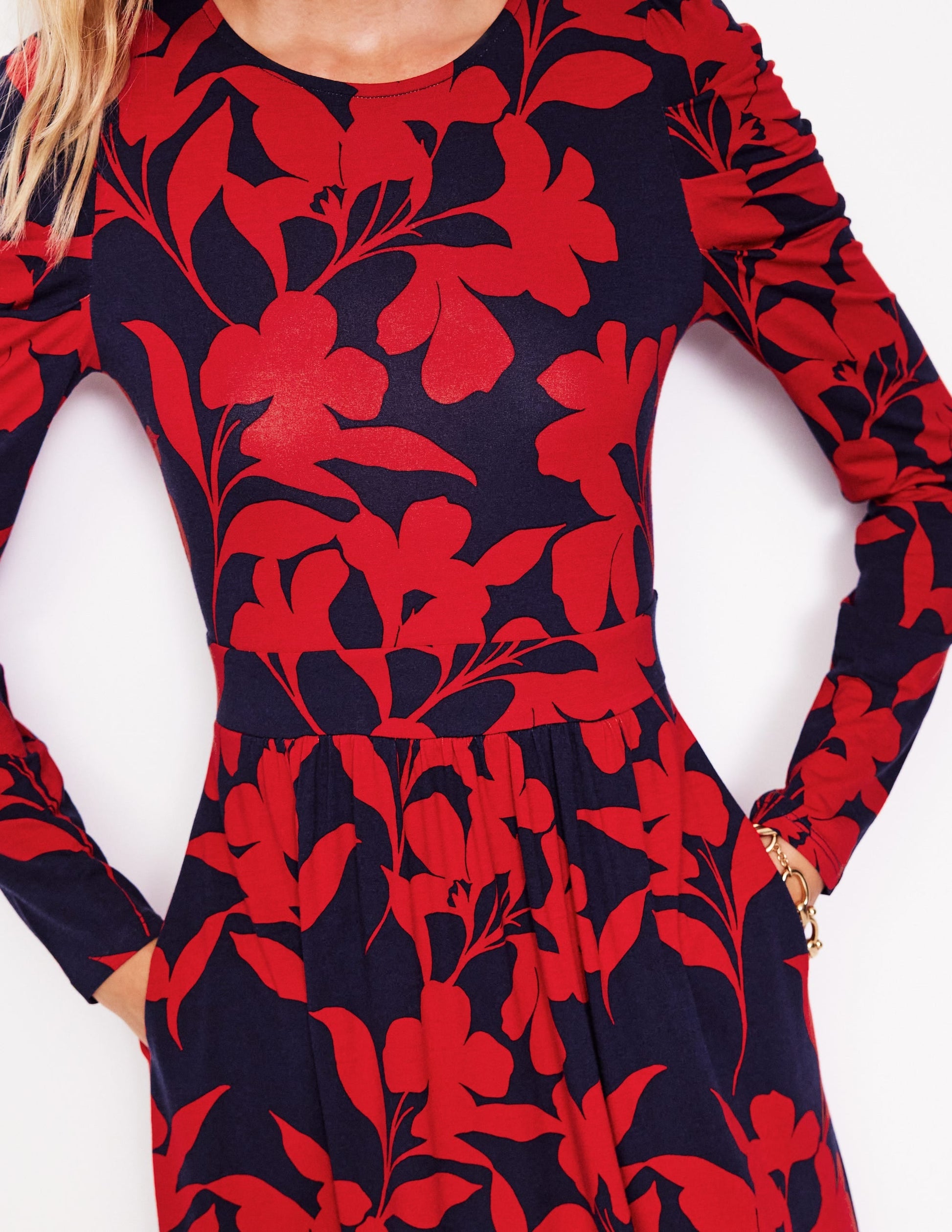 Puff Sleeve Blouson Dress-Red, Silhouette Bloom-2