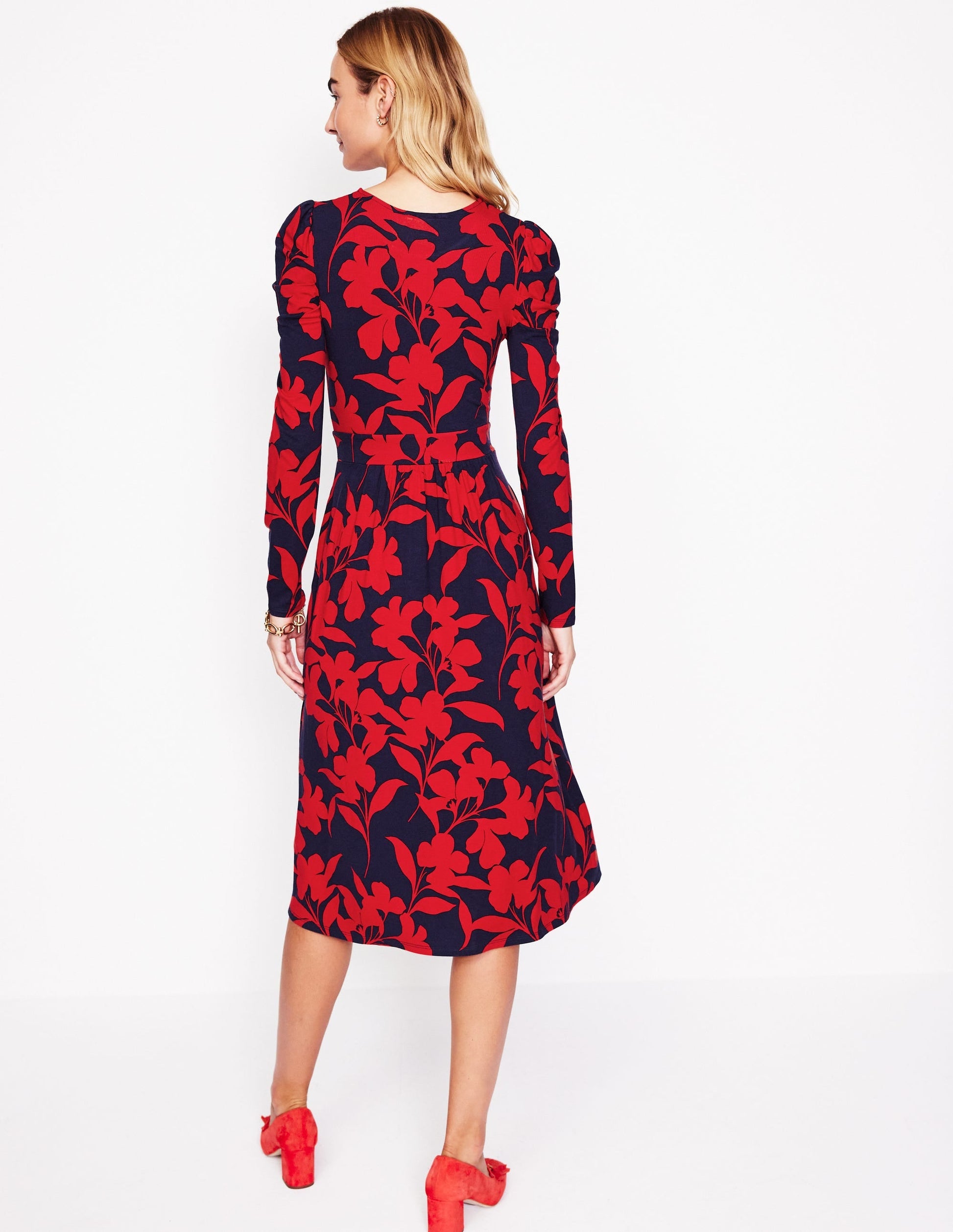 Puff Sleeve Blouson Dress-Red, Silhouette Bloom-3