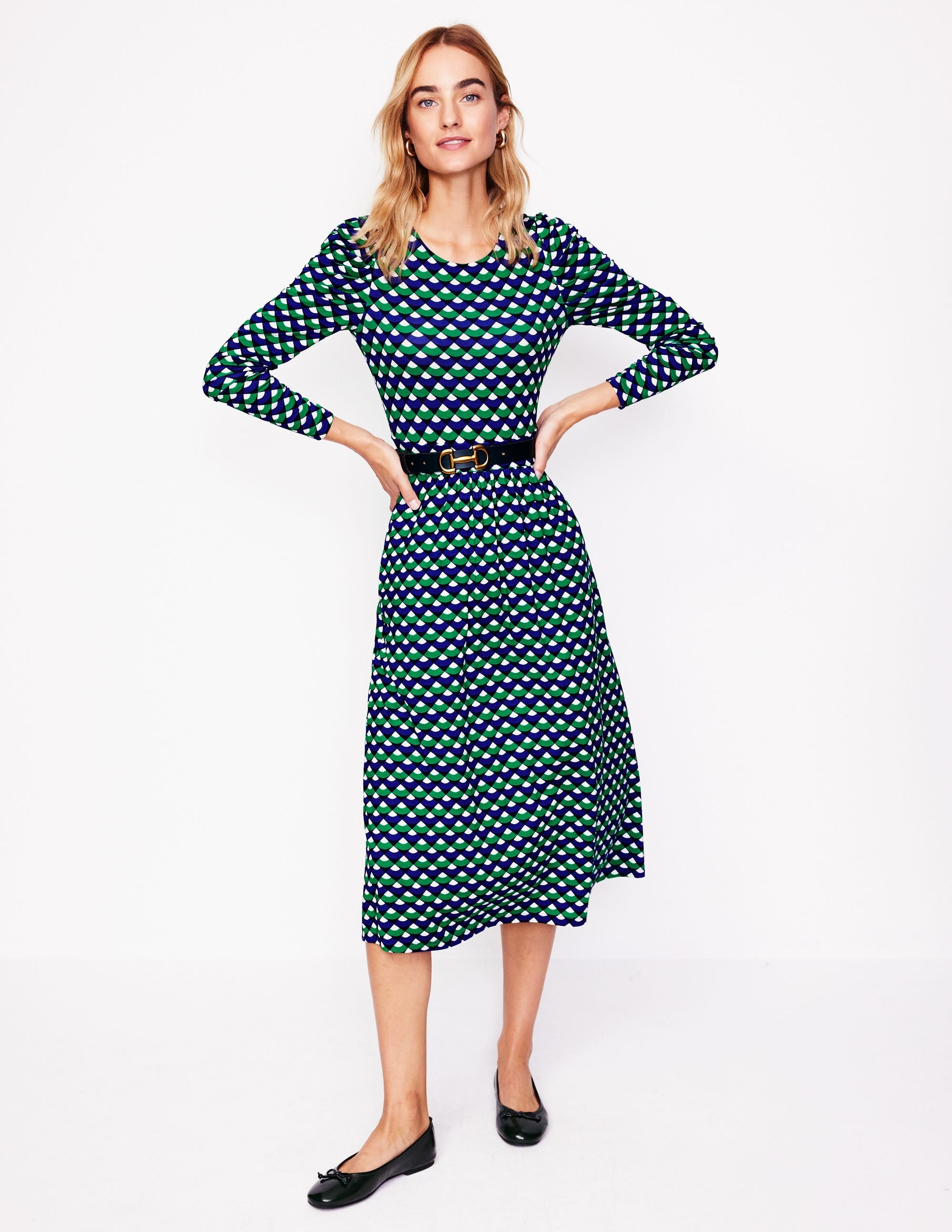 Puff Sleeve Blouson Dress-Rich Emerald, Arc Segment - Image 1