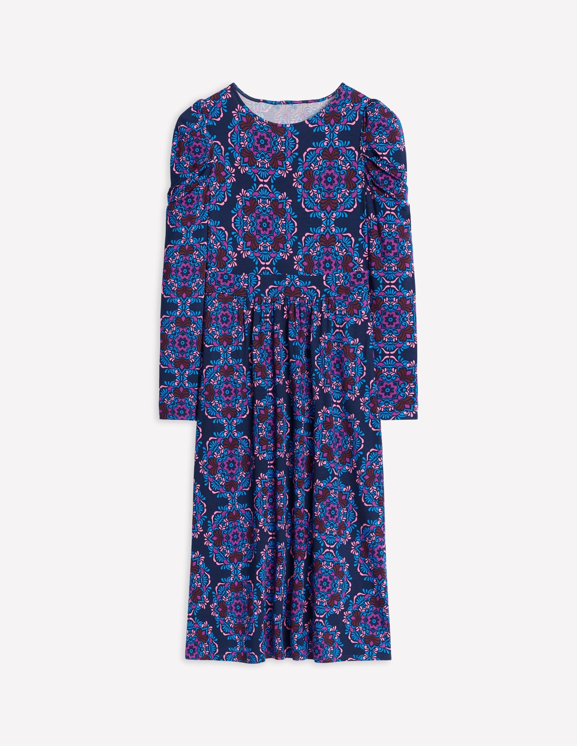 Puff Sleeve Blouson Dress-Regal Purple, Mosaic Cascade-6