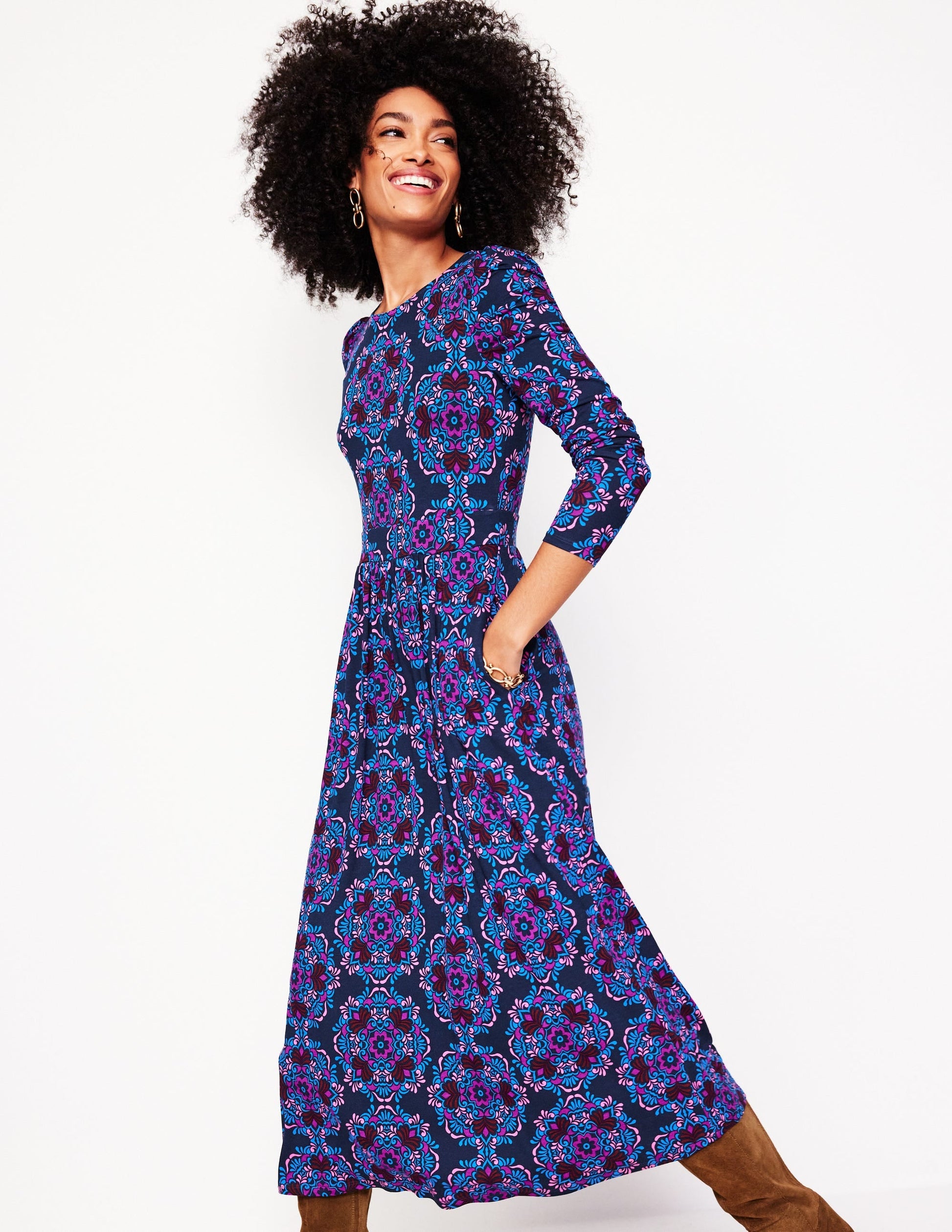 Puff Sleeve Blouson Dress-Regal Purple, Mosaic Cascade-1