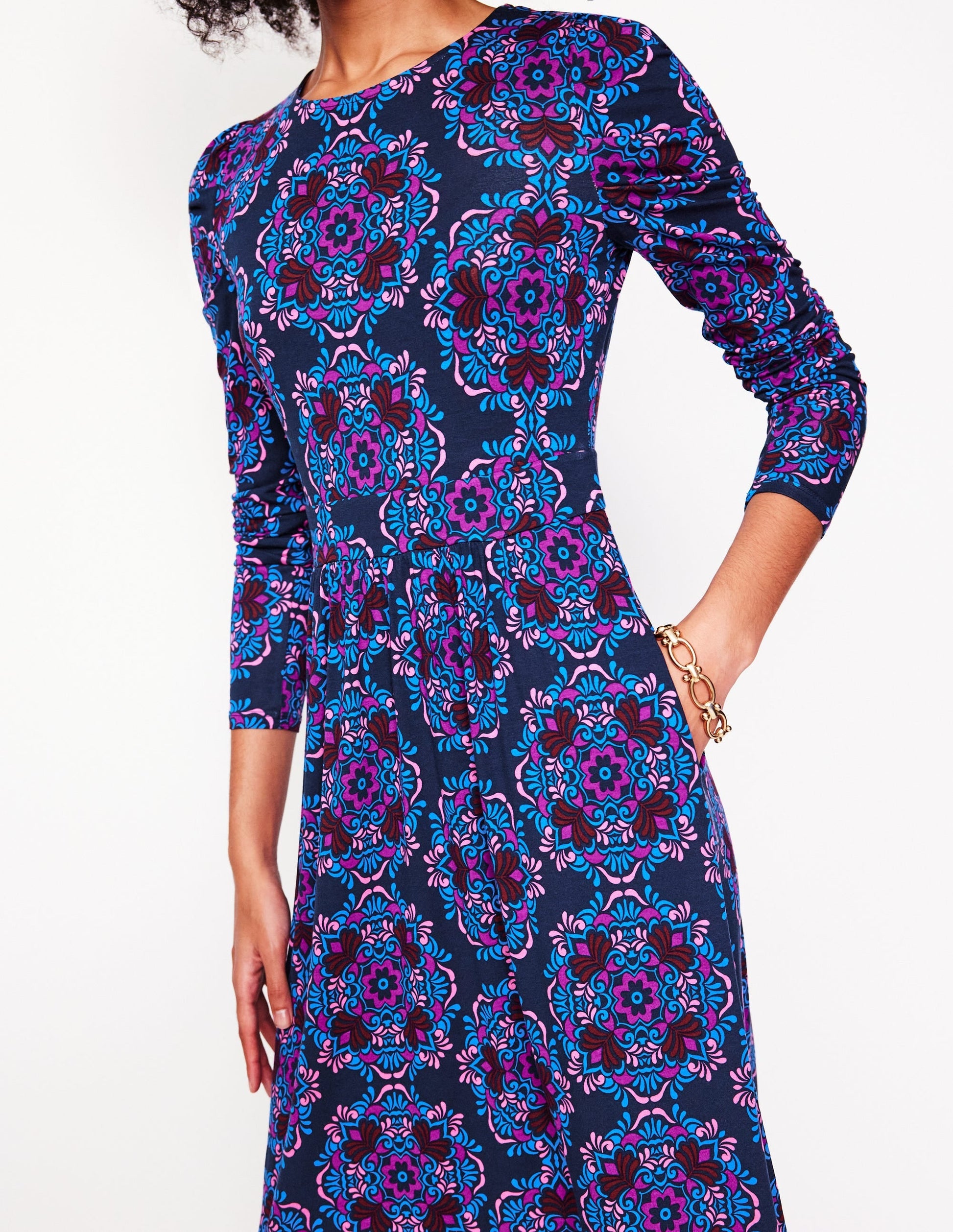Puff Sleeve Blouson Dress-Regal Purple, Mosaic Cascade-2