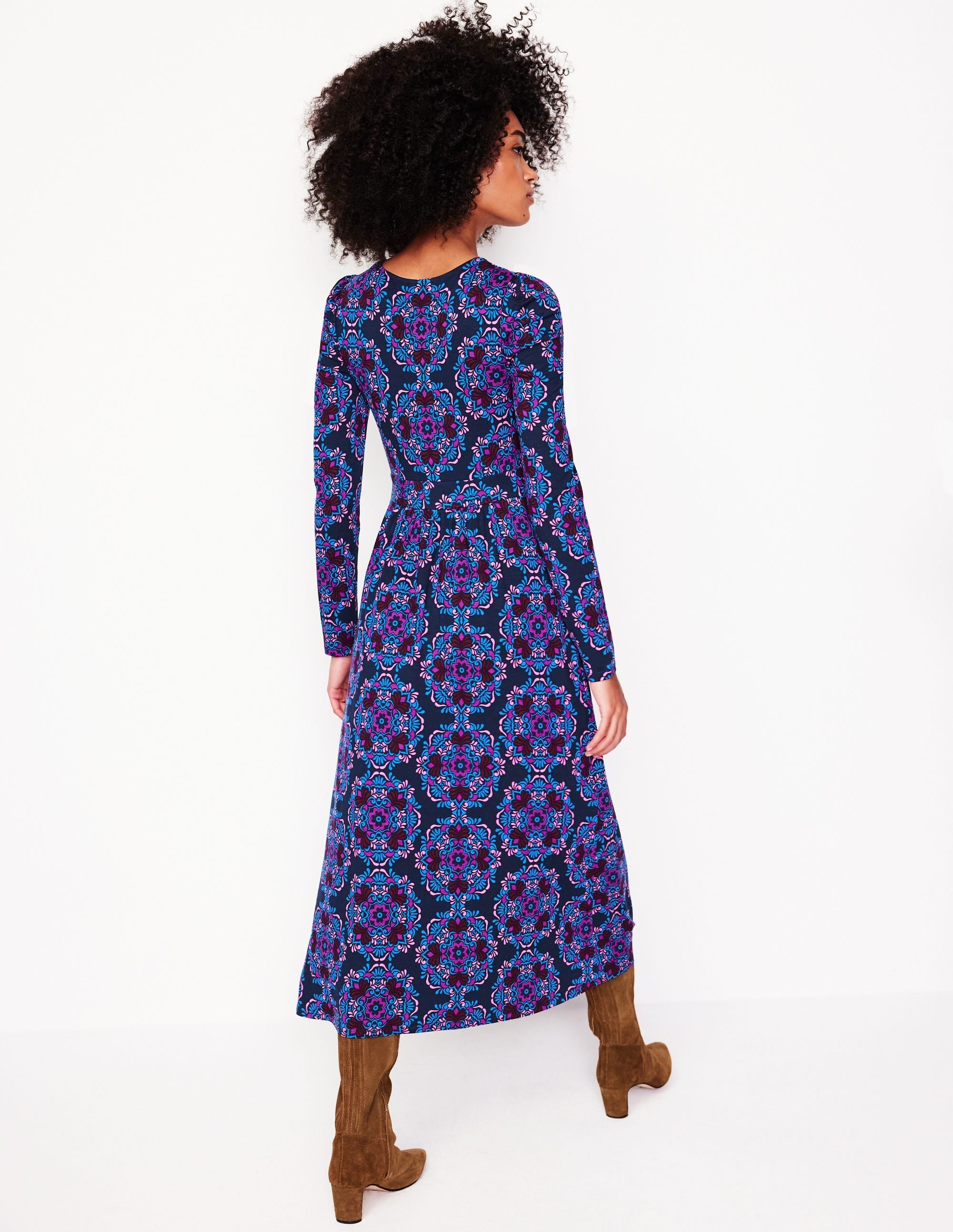 Puff Sleeve Blouson Dress-Regal Purple, Mosaic Cascade - Image 3