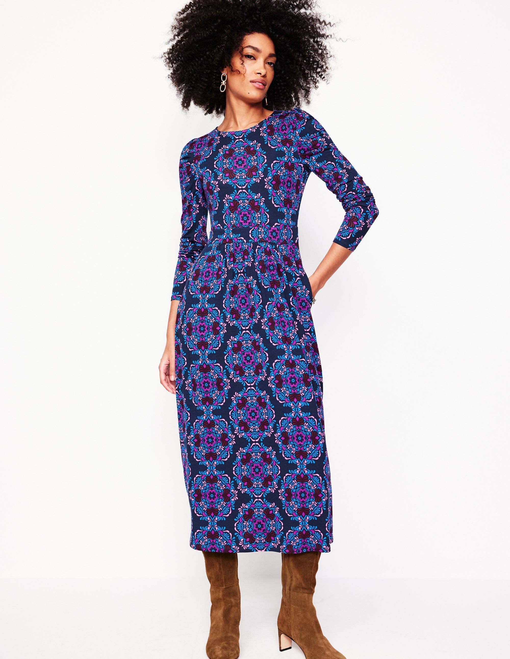 Puff Sleeve Blouson Dress-Regal Purple, Mosaic Cascade - Image 4