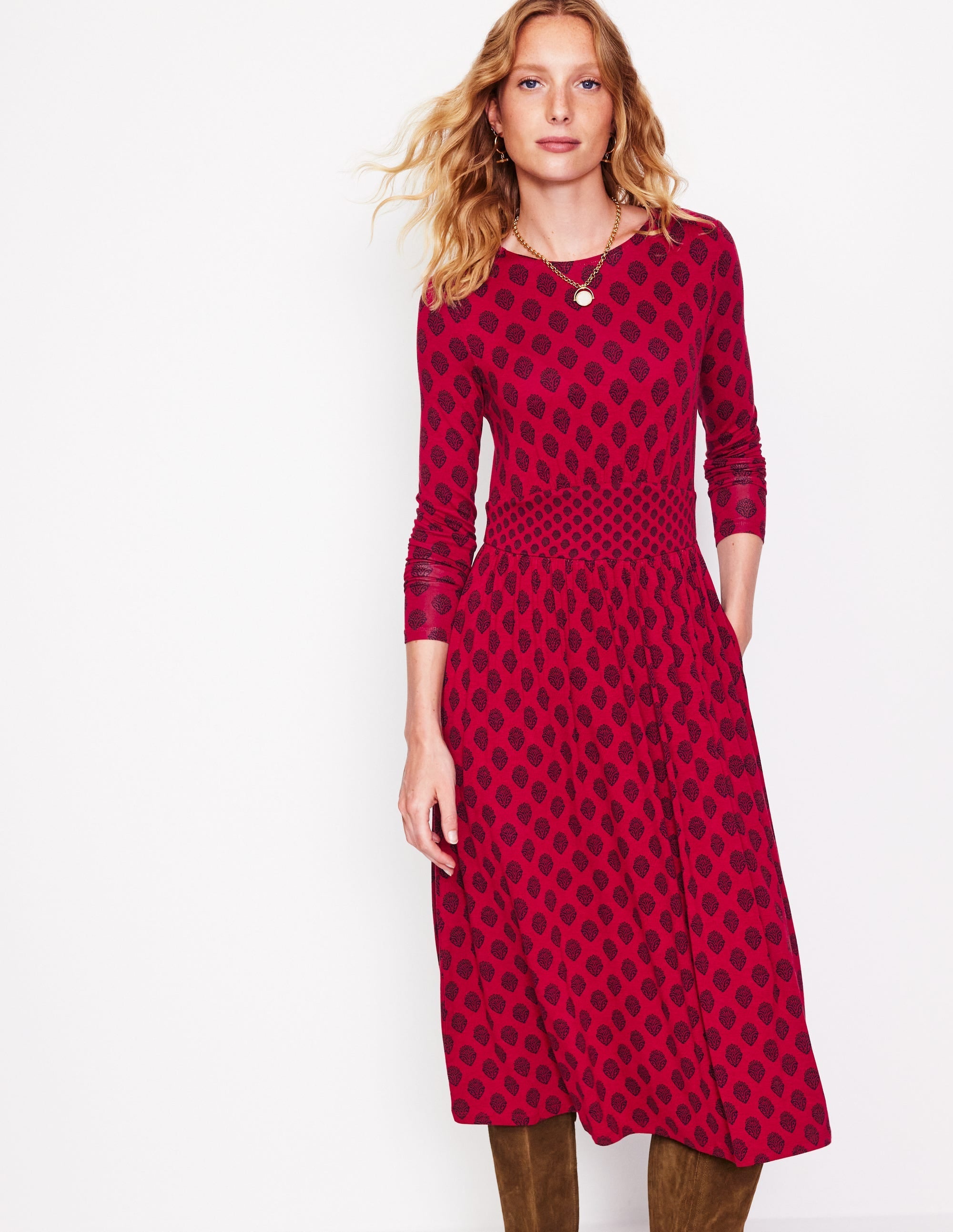 Thea Long Sleeve Jersey Dress-Red Liquorice, Ornate Stamp - Image 1