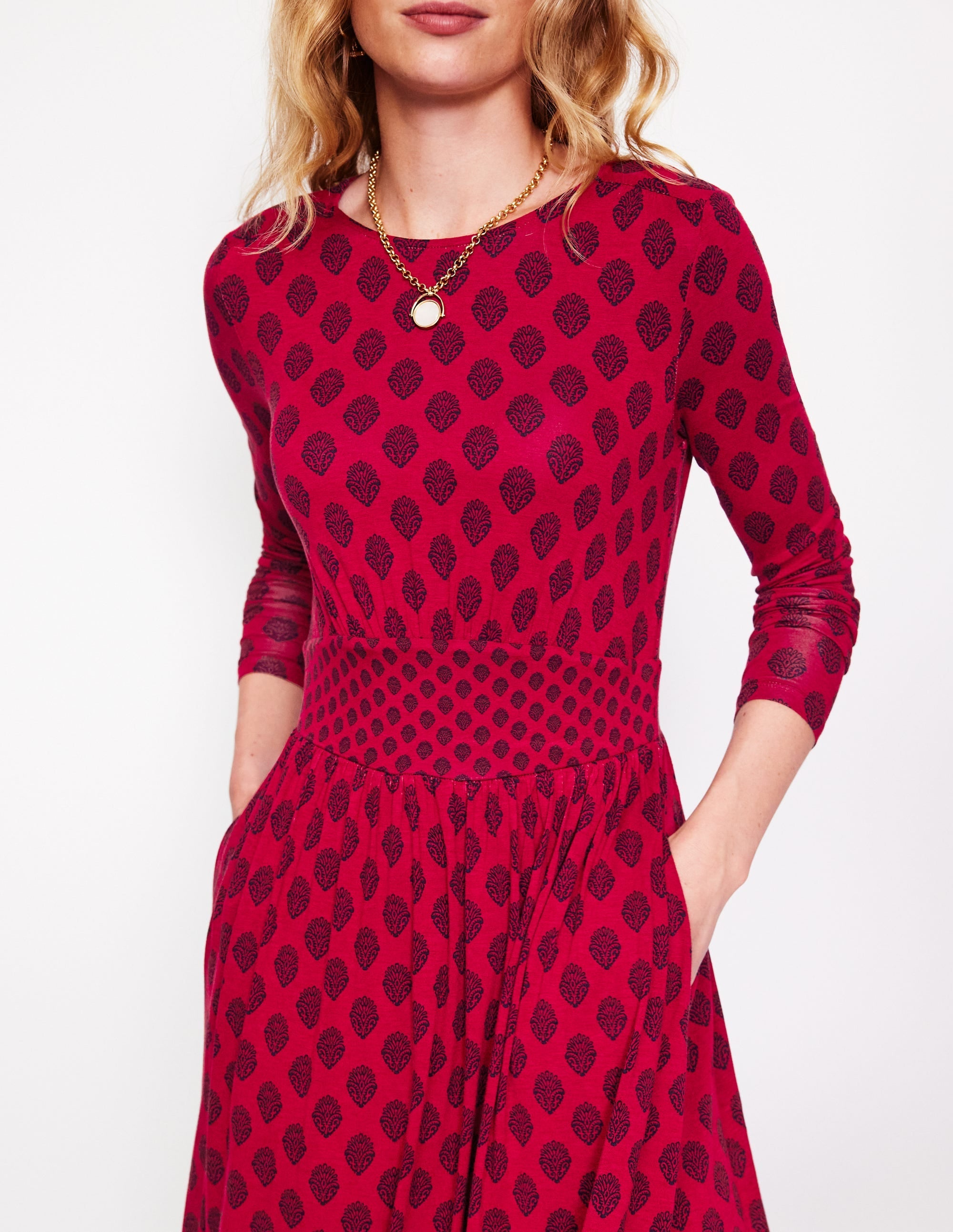 Thea Long Sleeve Jersey Dress-Red Liquorice, Ornate Stamp - Image 2