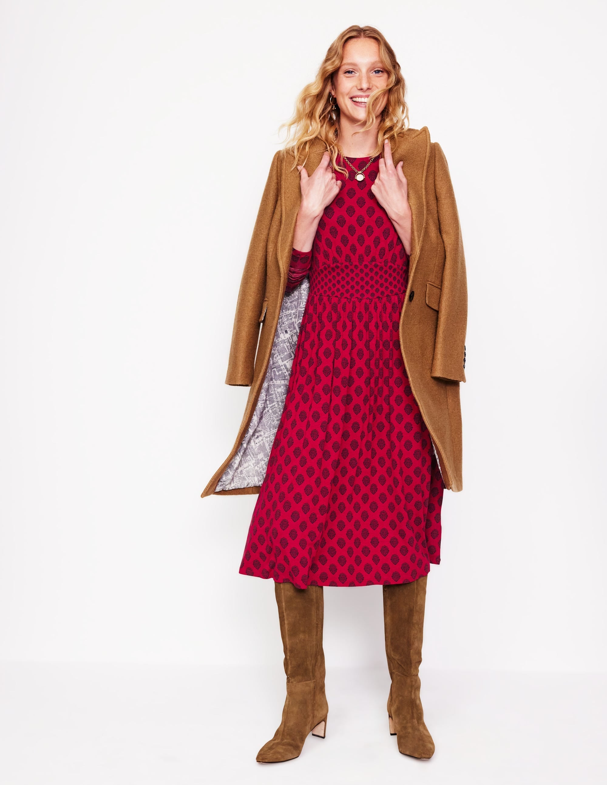 Thea Long Sleeve Jersey Dress-Red Liquorice, Ornate Stamp - Image 4