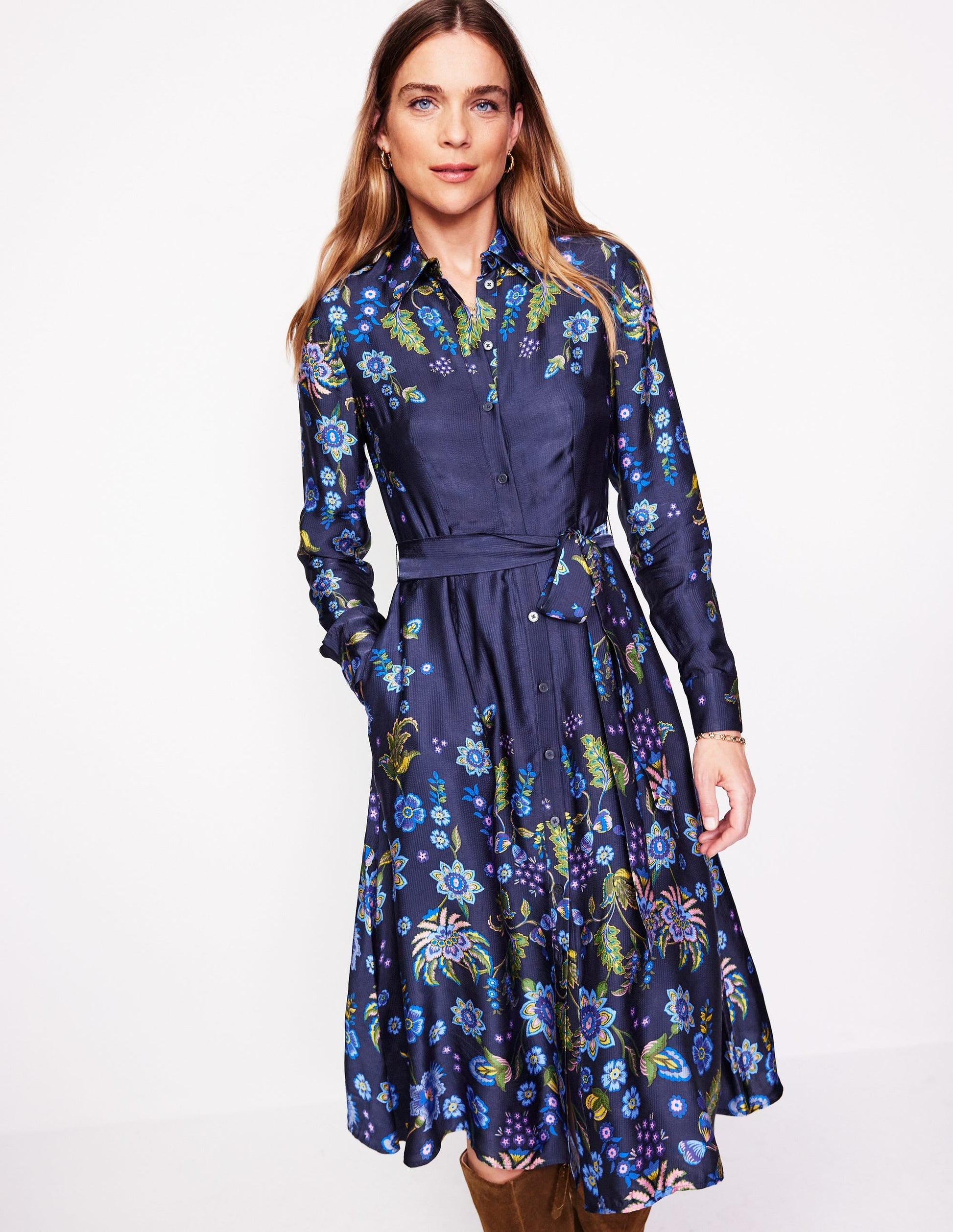 Kate Satin Shirt Dress-Blue, Blossom Flourish-1