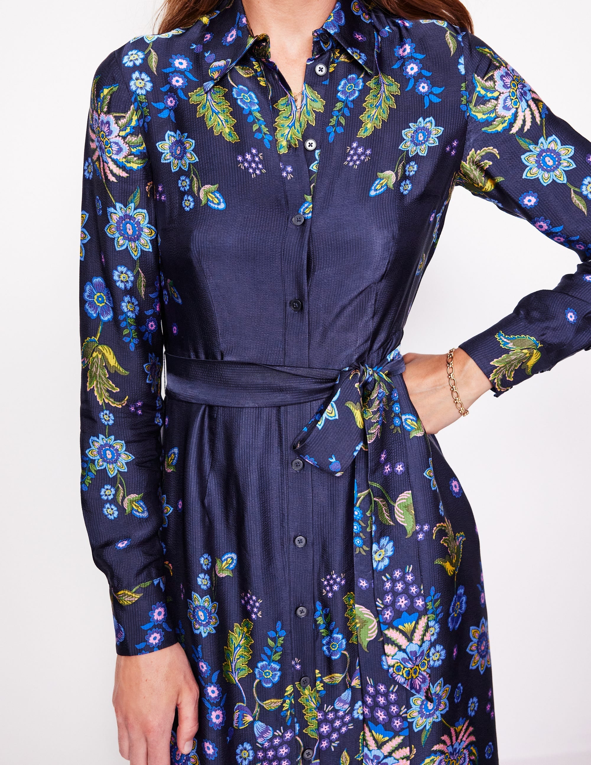 Kate Satin Shirt Dress-Blue, Blossom Flourish - Image 2