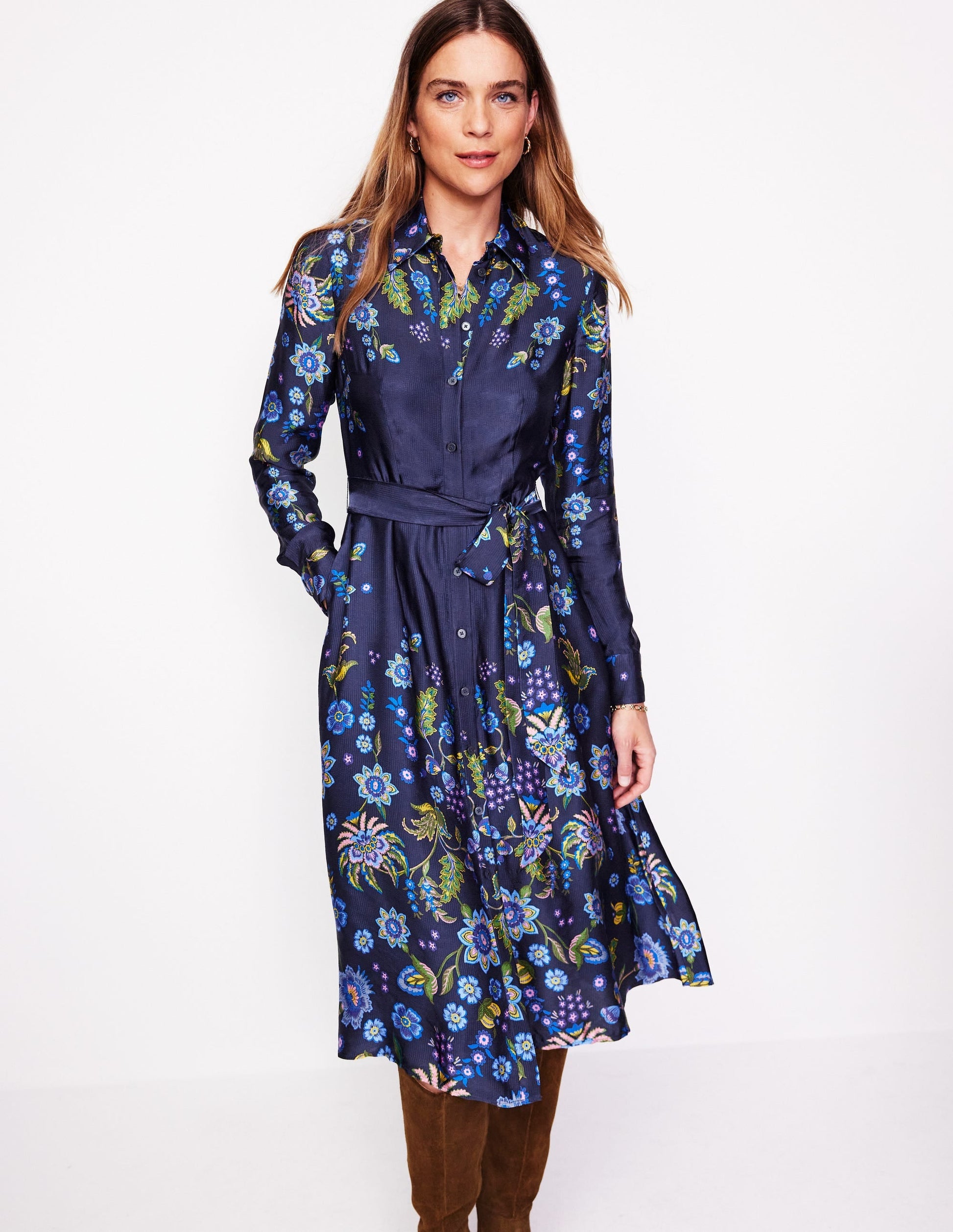 Kate Satin Shirt Dress-Blue, Blossom Flourish-4
